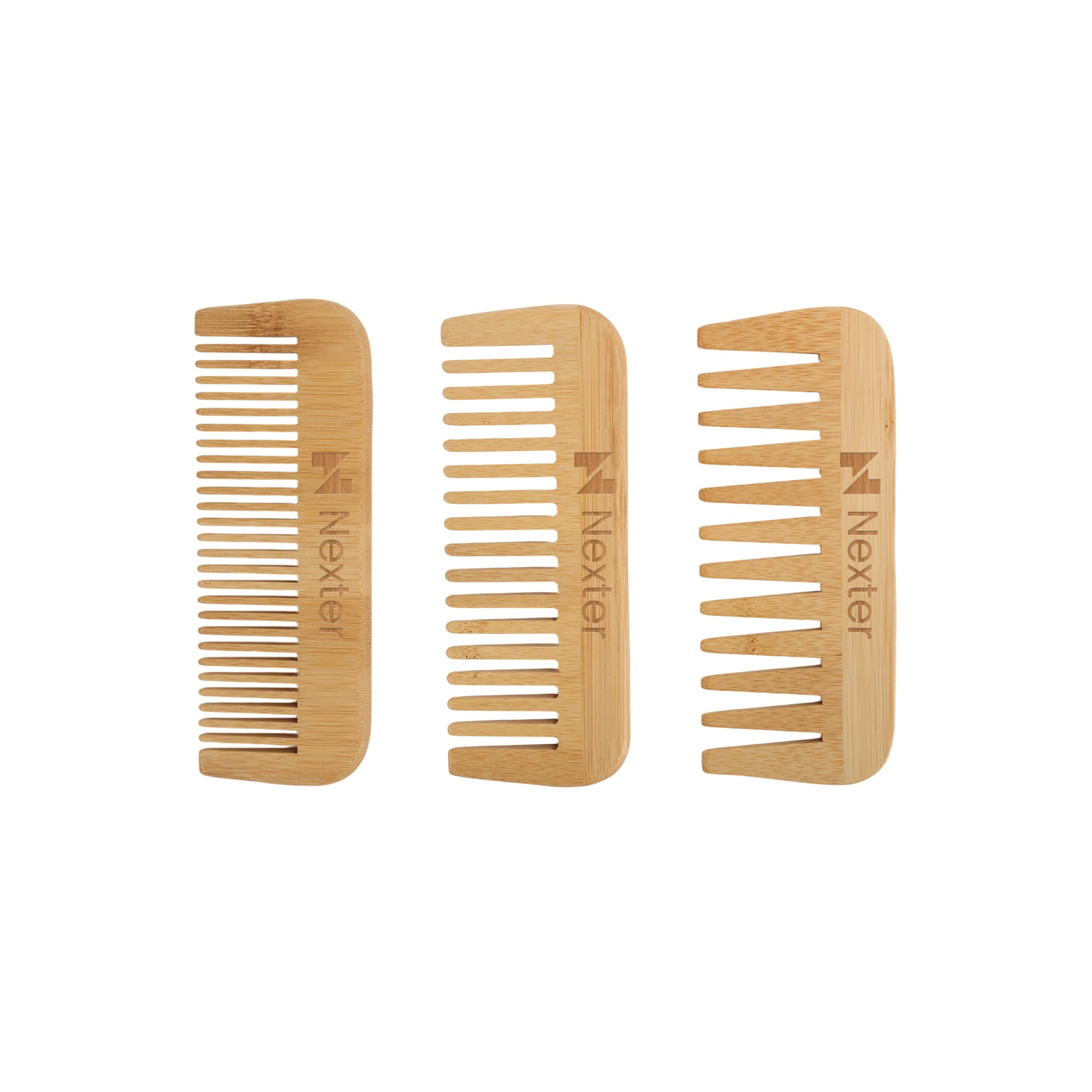 Three eco-friendly bamboo combs in light brown, featuring a logo on each comb. Eco Bamboo Comb - Image 1