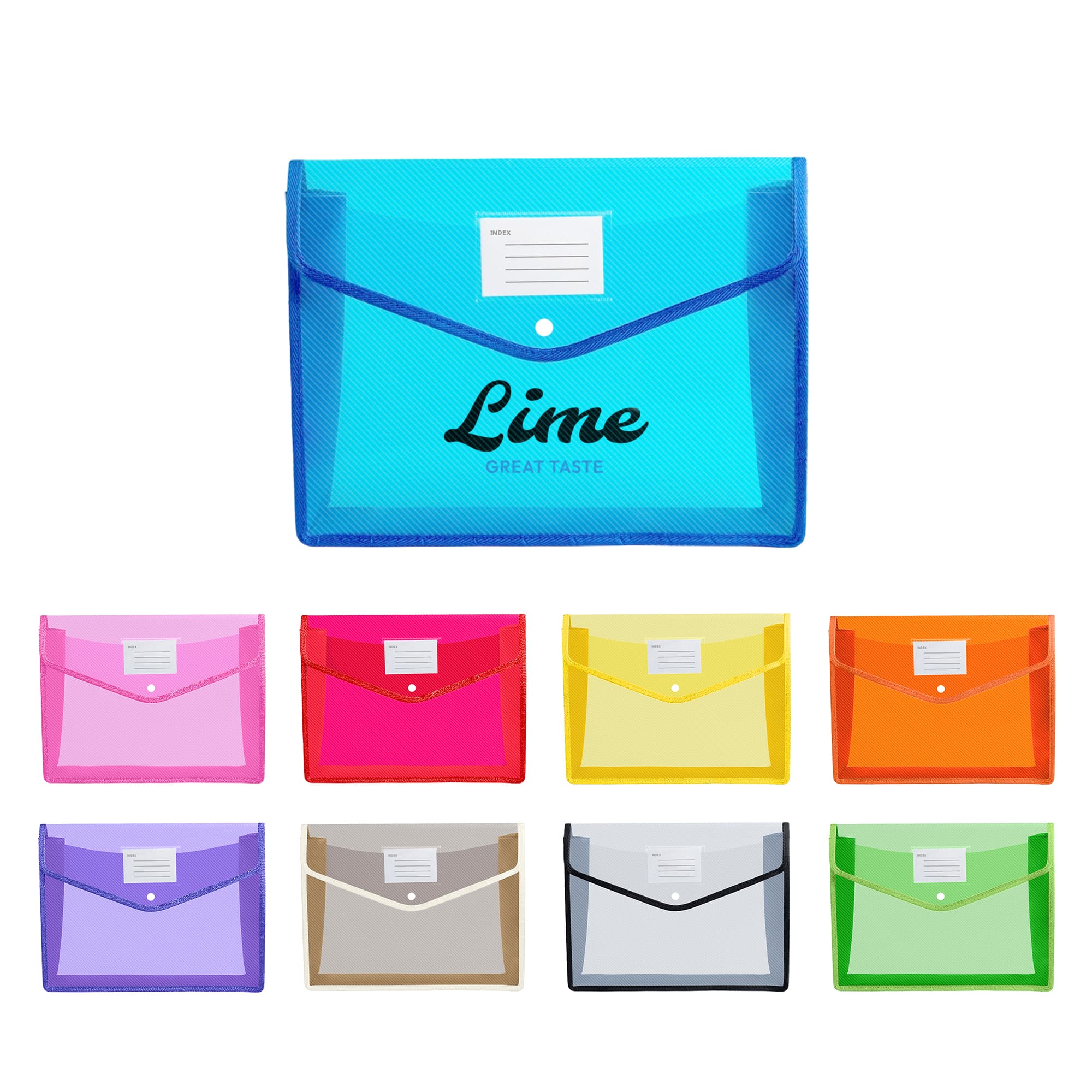 A collection of expanding document folders in various colours, including blue, pink, purple, orange, yellow, clear, and green. Envelope Expanding Document Folder - Image 1