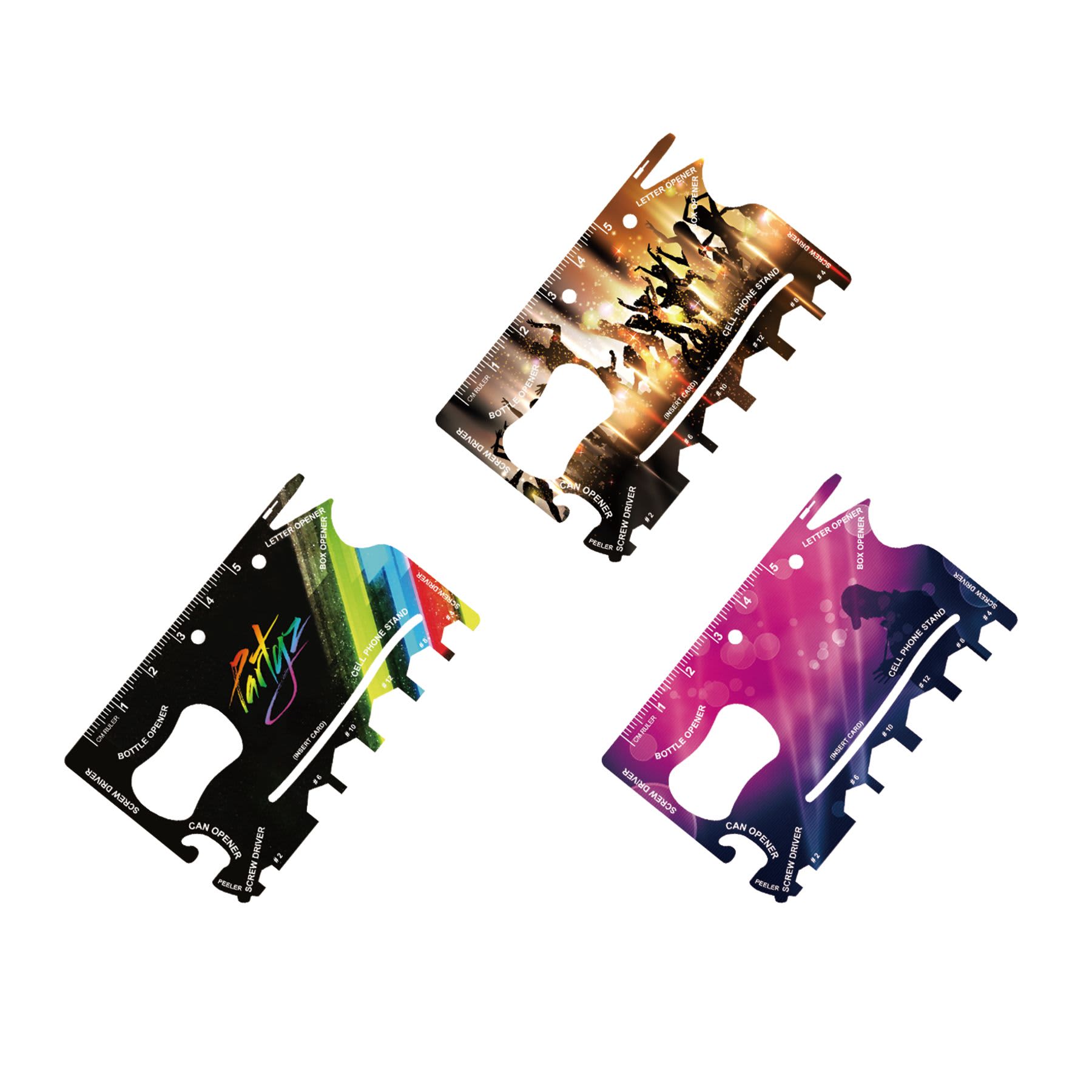 Three card-sized multi-tools in vibrant colours, featuring various designs and a ruler measurement. Each tool has a branding logo. Full color print Card- sized Multi-tool - Image 1