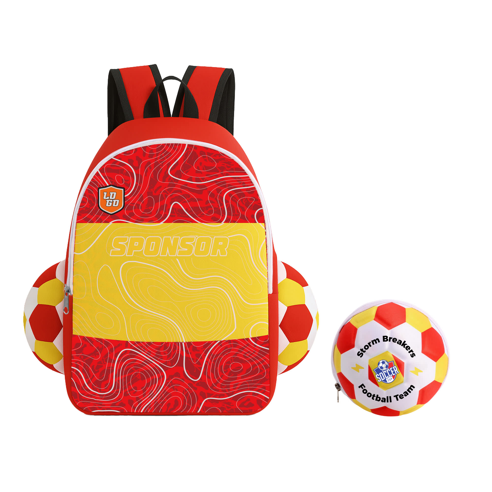 A foldable gym bag in red and yellow with football motifs and a logo, accompanied by a matching football. Full Colour Foldable Backpack - Image 1