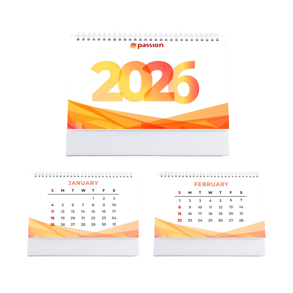 A desk calendar featuring a vibrant orange and yellow design, displaying months and dates for 2026. It has a logo. Desk Calendar - Image 1