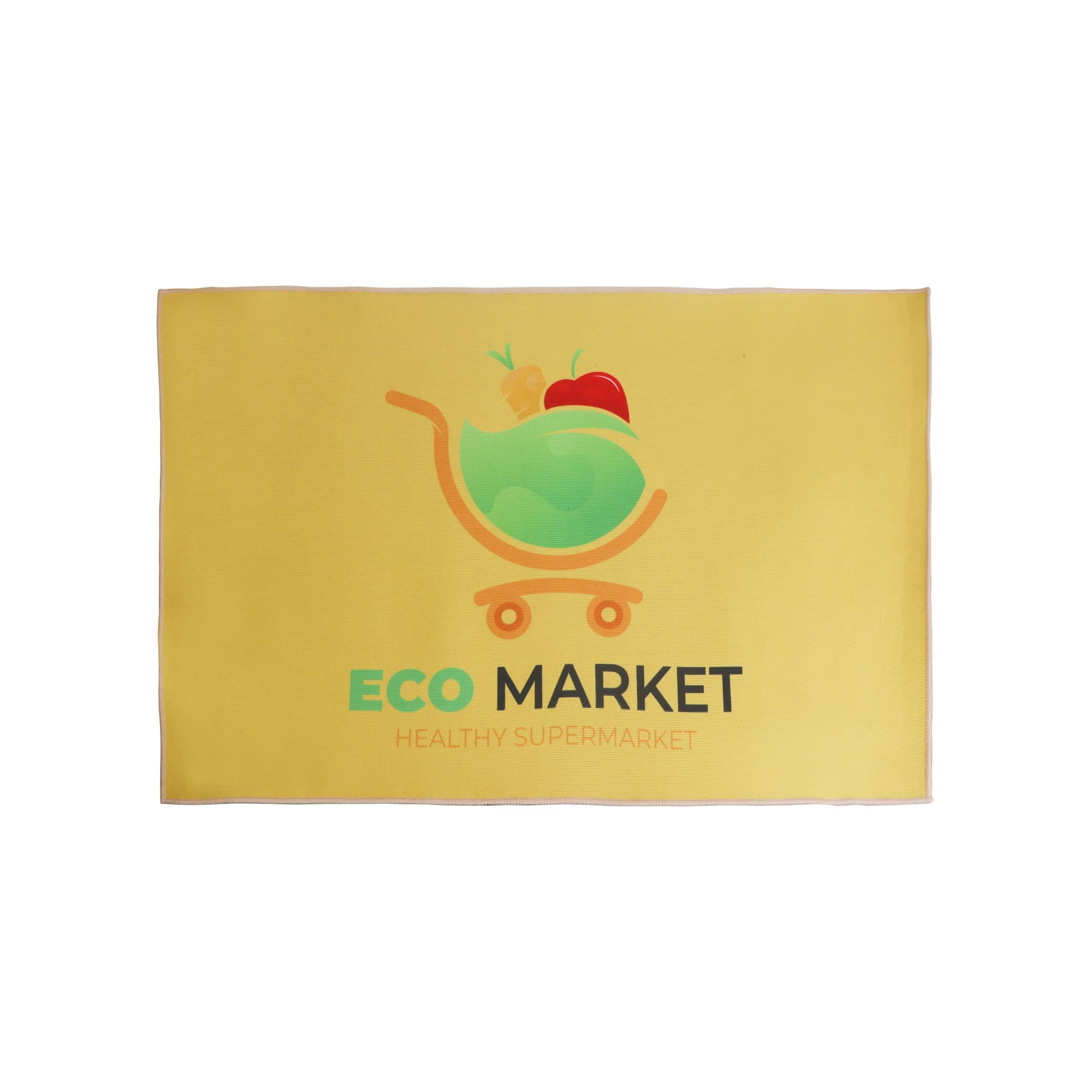 A yellow polyester logo mat featuring a graphic of a shopping trolley with fruits and vegetables and a logo. Polyester Logo Mat - Image 1