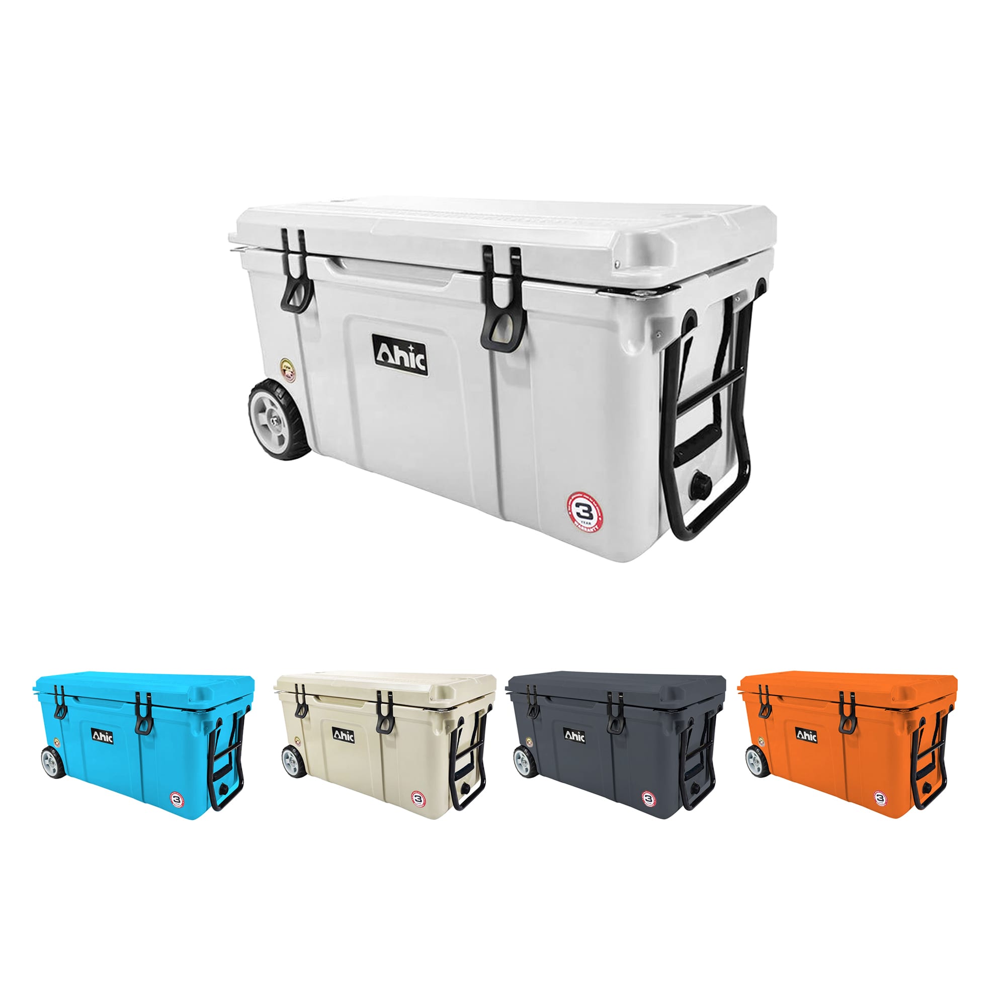 A cooler box with wheels in grey, alongside options in blue, beige, black, and orange. It features a logo. 75L Cooler Box with Wheels - Image 1