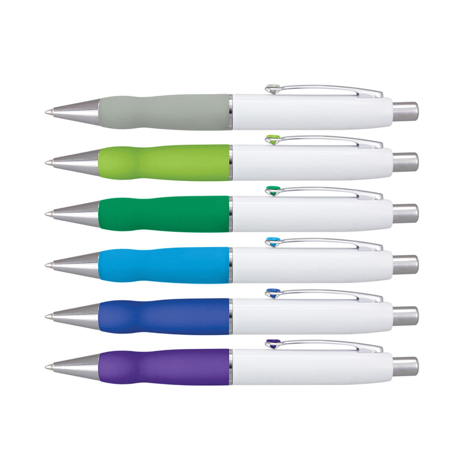 A collection of Turbo Pens with white barrels, featuring grips in grey, green, blue, and purple. Each pen has a metallic clip. Turbo Pen - White Barrel - Image 1
