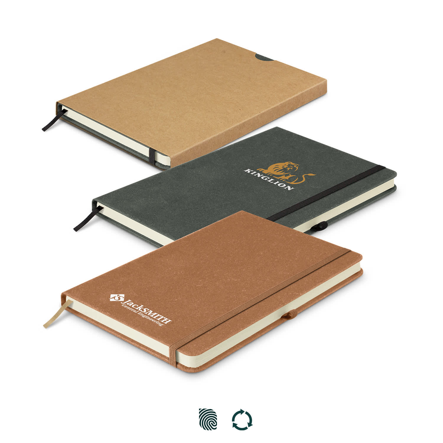 A set of three recycled hard cover notebooks in brown, green, and tan, featuring elastic bands and branding. Phoenix Recycled Hard Cover Notebook - Image 1