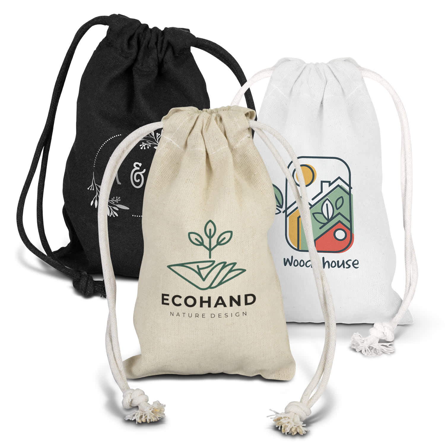 Three small cotton gift bags in black, white, and natural tones, each with a different design and logo. Cotton Gift Bag - Small - Image 1