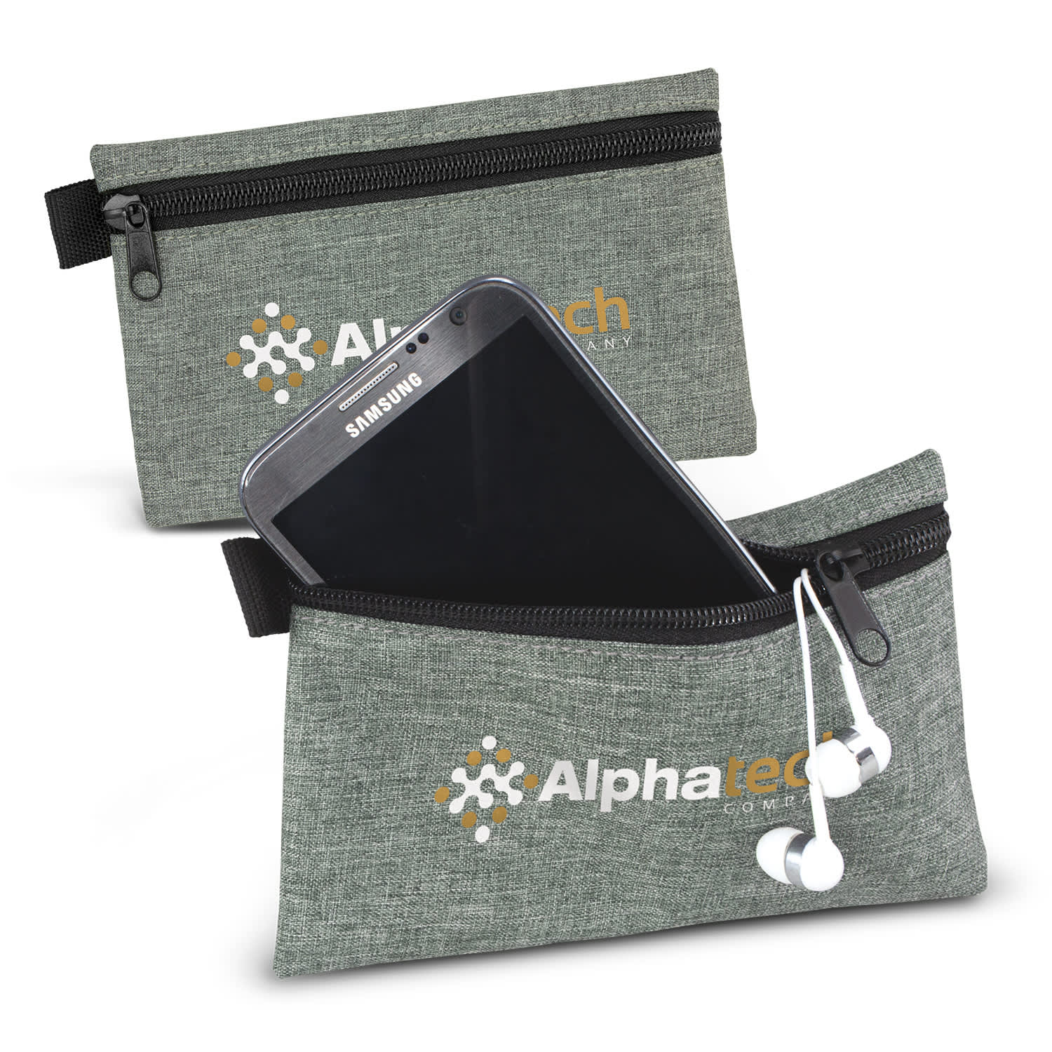 A grey tech pouch with a zipper, holding a smartphone and earphones, featuring a logo on the front. Dexter Tech Pouch - Image 1