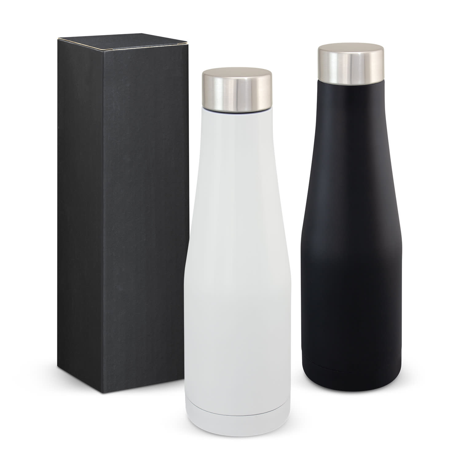 A drink bottle set featuring a white and a black vacuum bottle with stainless steel caps, presented in a black box. Velar Vacuum Bottle - Image 1
