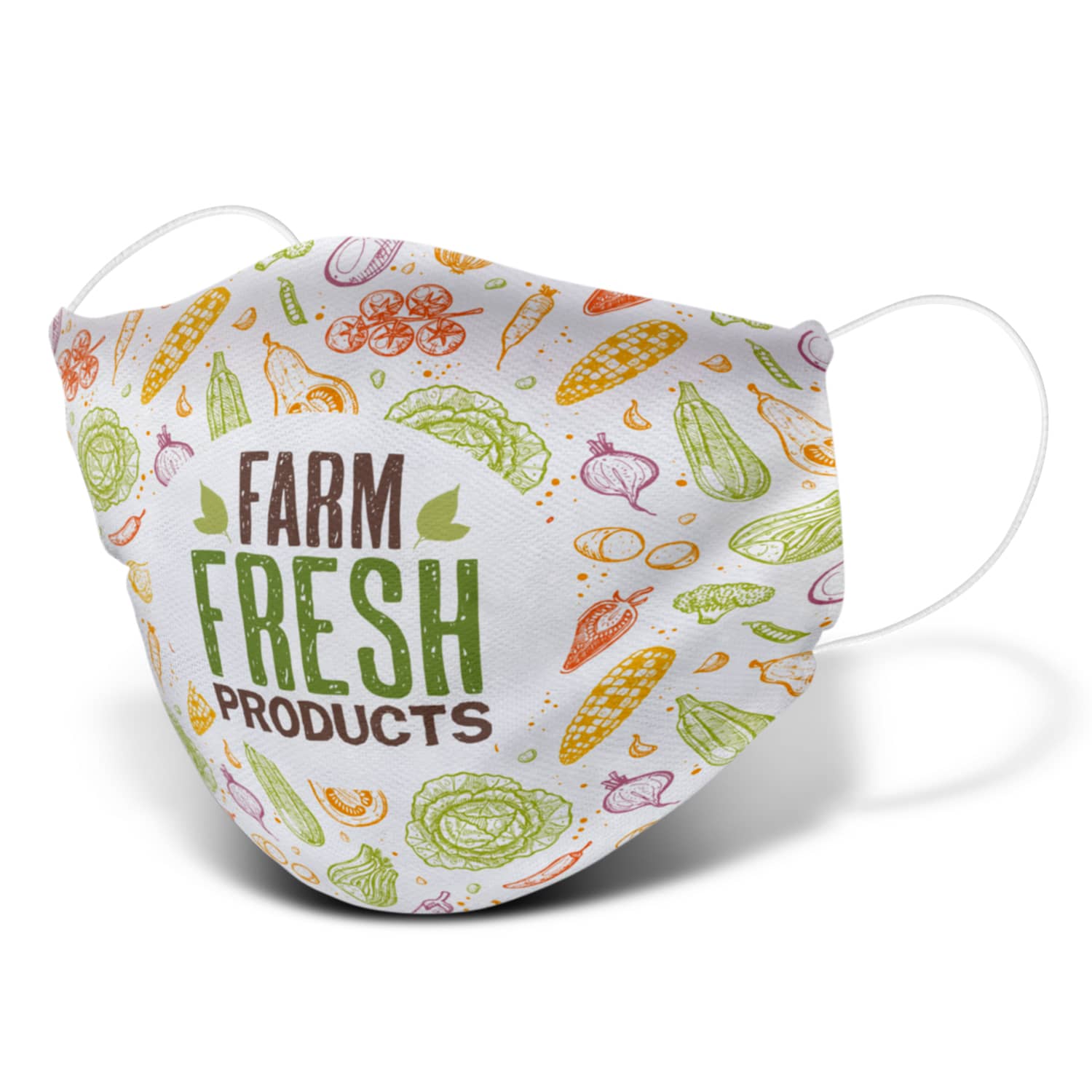 A large reusable face mask featuring a colourful pattern of vegetables with a logo. Reusable Face Mask Full Colour - Large - Image 1