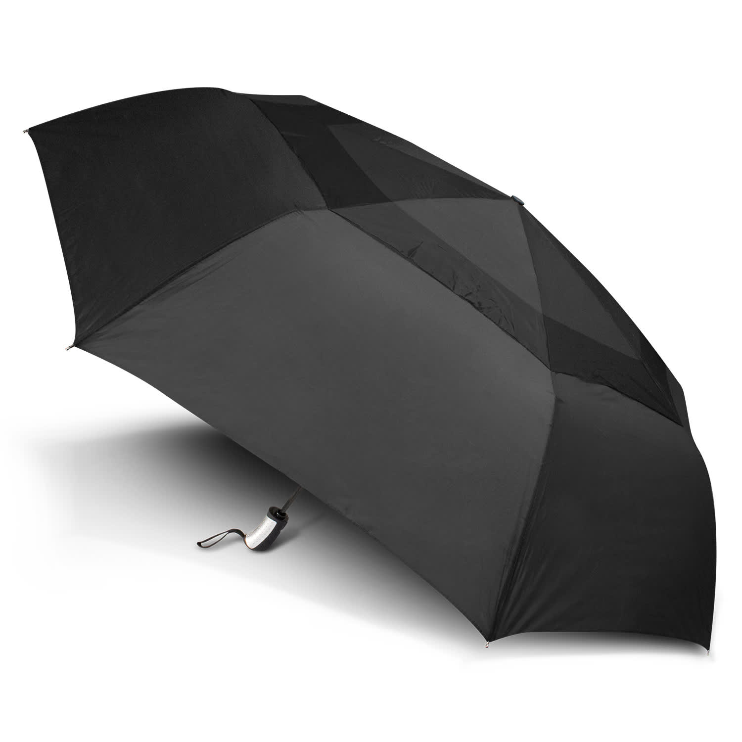 A black umbrella with a geometric design and a handle. It features a logo on the canopy. Hurricane Senator Umbrella - Image 1