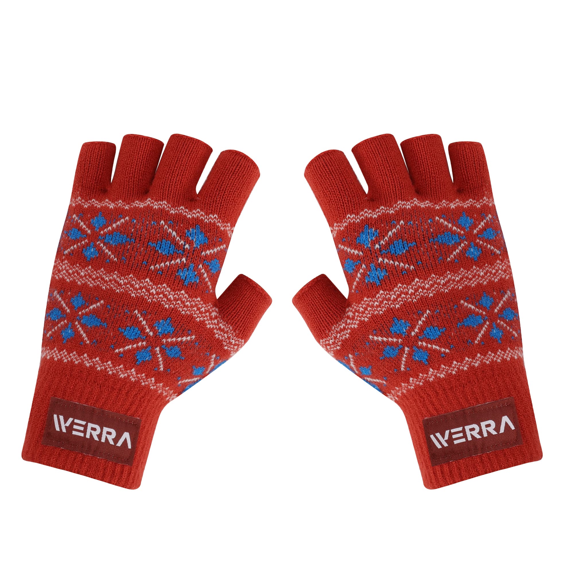 Red fingerless gloves featuring a patterned design in blue and white, with a logo on the wrist area. Adults Jacquard Fingerless Gloves - Image 1