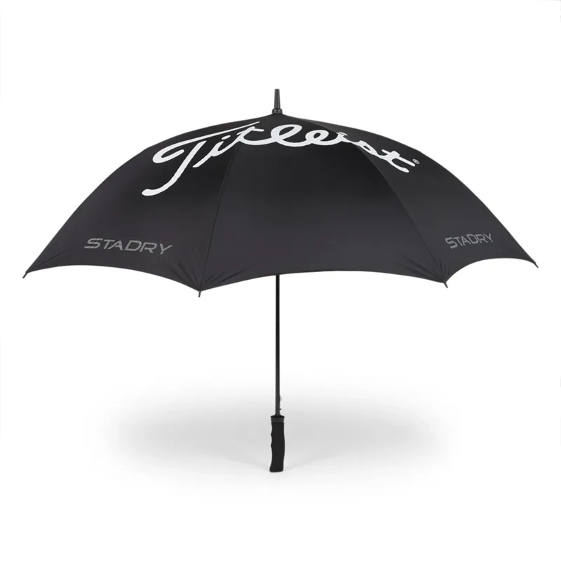 A black single canopy umbrella featuring a logo. Ideal for leisure and outdoor activities. Titleist StaDry Single Canopy Umbrella - Image 1