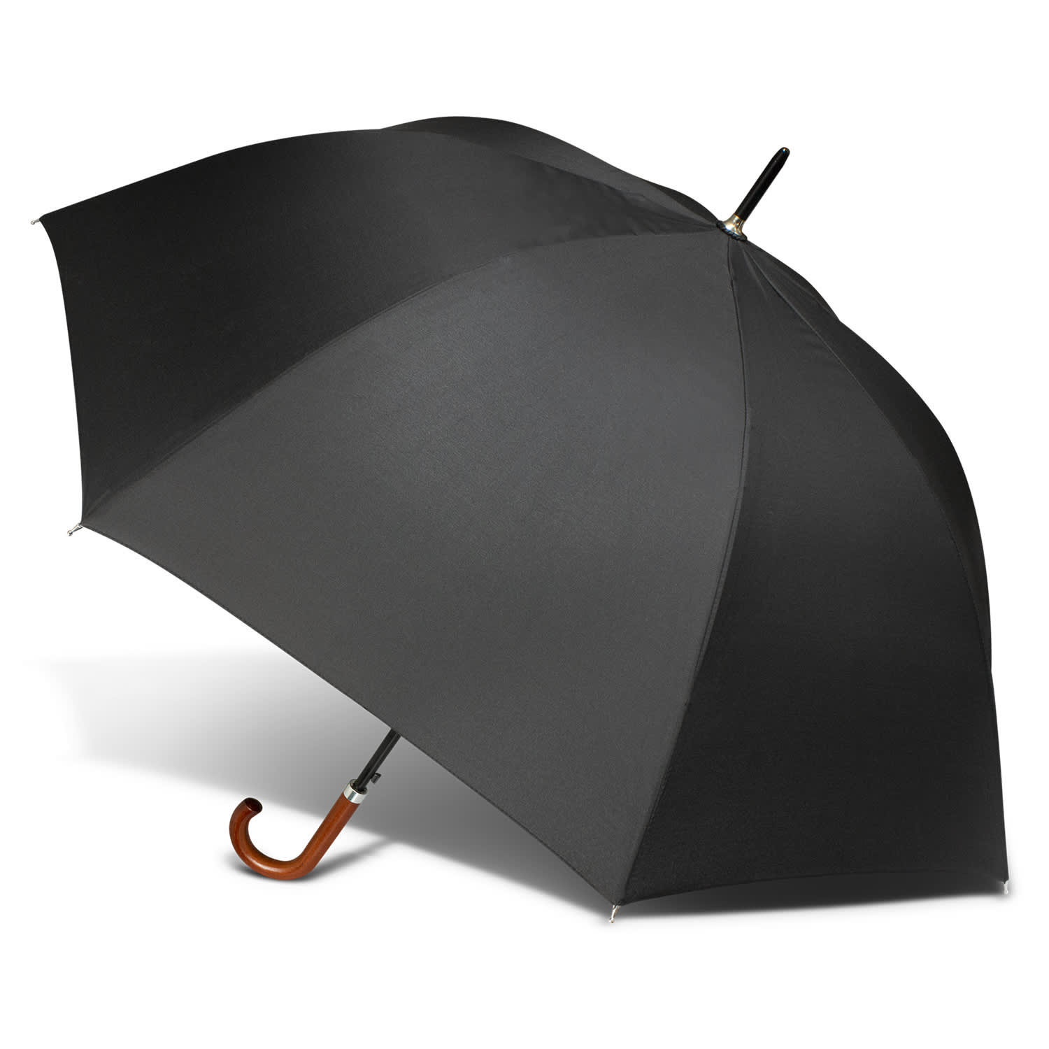 A black umbrella with a wooden handle and a sleek design, featuring a logo on the fabric. Executive Umbrella - Image 1