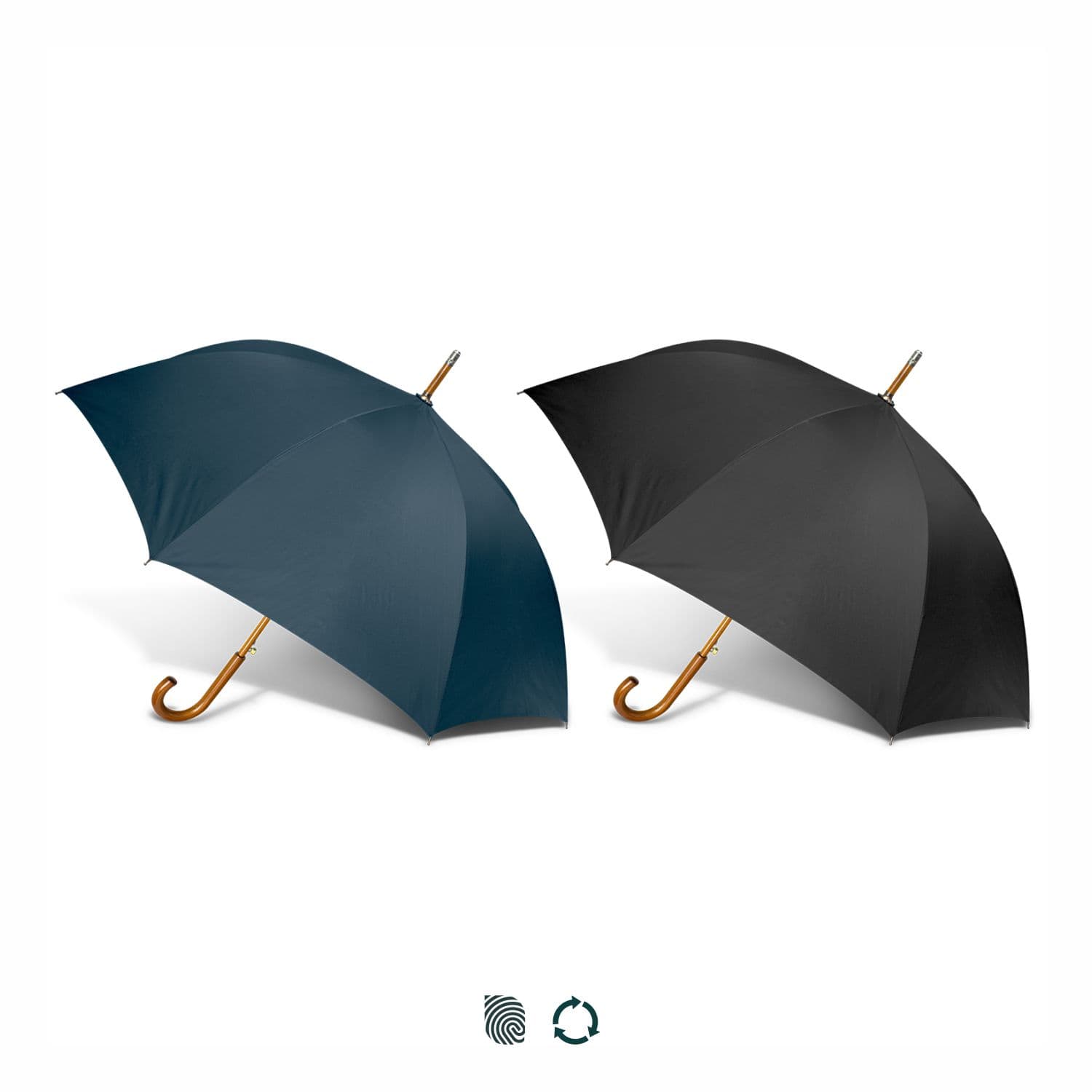 A set of two umbrellas, one navy blue and one black, both with curved wooden handles. Boutique Umbrella - Image 1