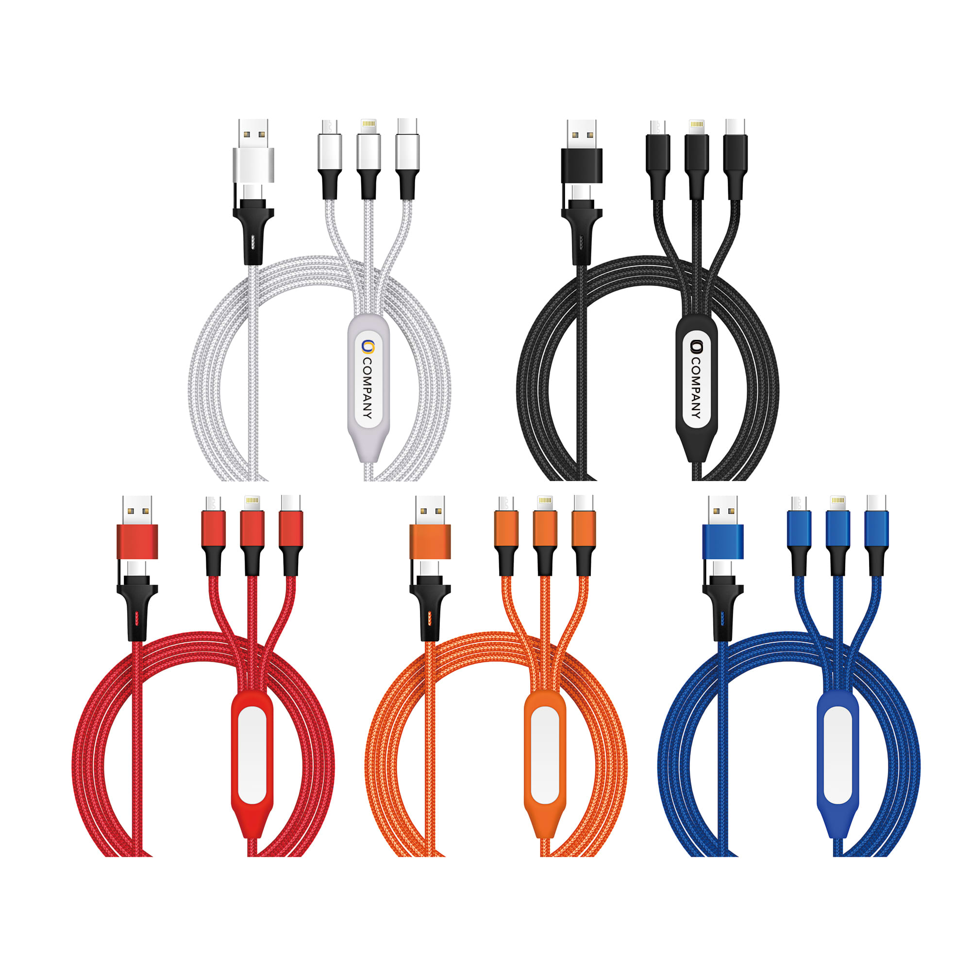 A set of six 6-in-1 night light charging cables in black, white, red, orange, blue, and grey. Each cable features a logo. 6-in-1 Night Light Charging Cable - Image 1