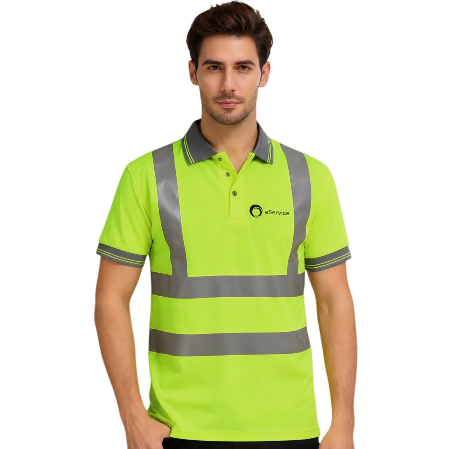 A unisex hi-vis reflective polo shirt in bright lime green with grey detailing and a logo. Unisex Polyester Hi-Vis Reflective S/S Polo - Image 1