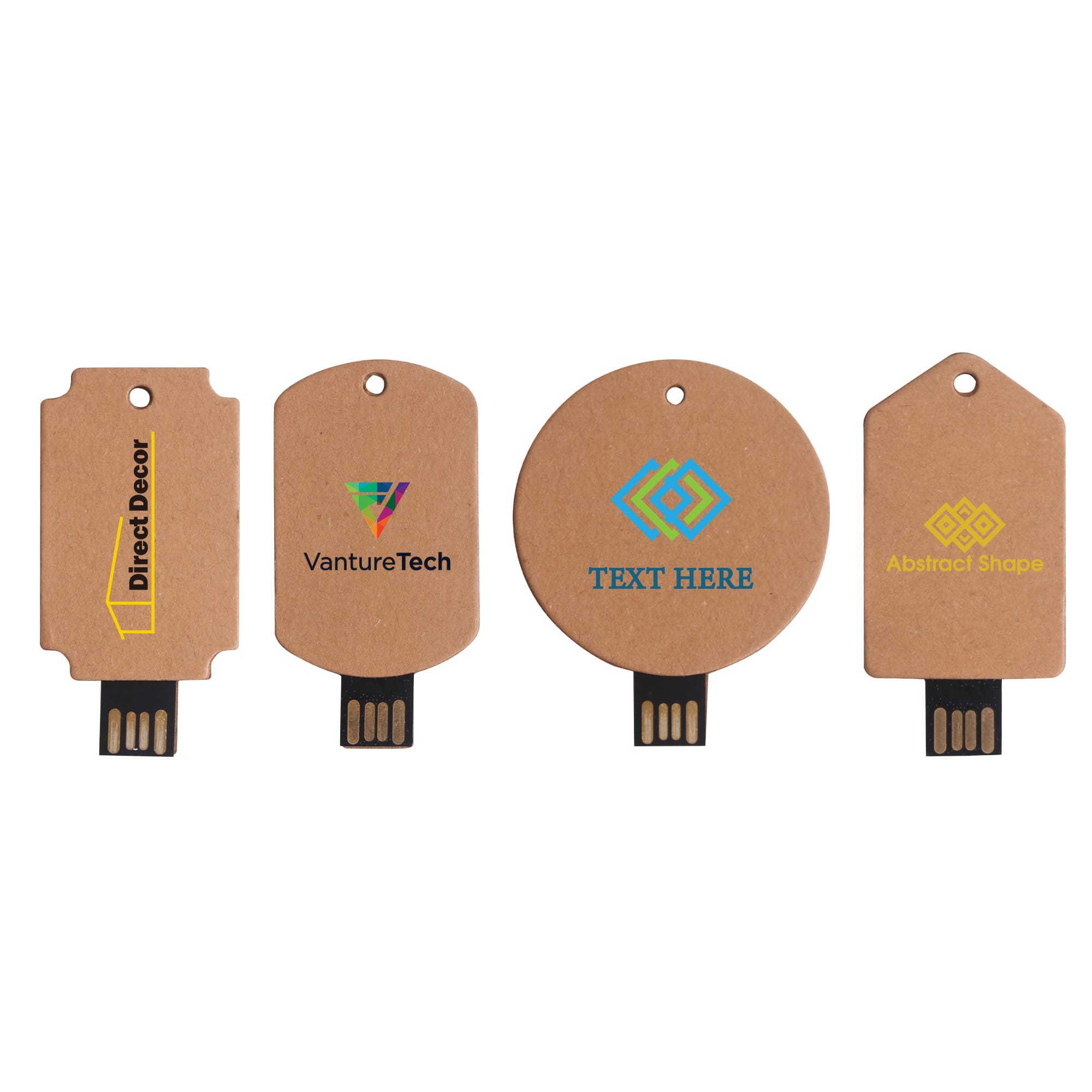 A collection of four eco-friendly paper flash drives in various shapes, featuring a natural brown colour with black connectors. Eco Paper Flash Drive - Image 1