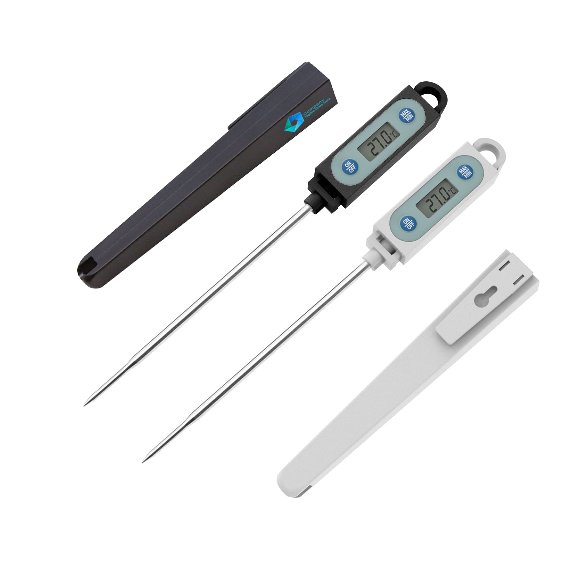 Instant read meat thermometers in black and white with long stainless steel probes, featuring digital displays and branding. Instant Read Thermometer with Long Probe - Image 1