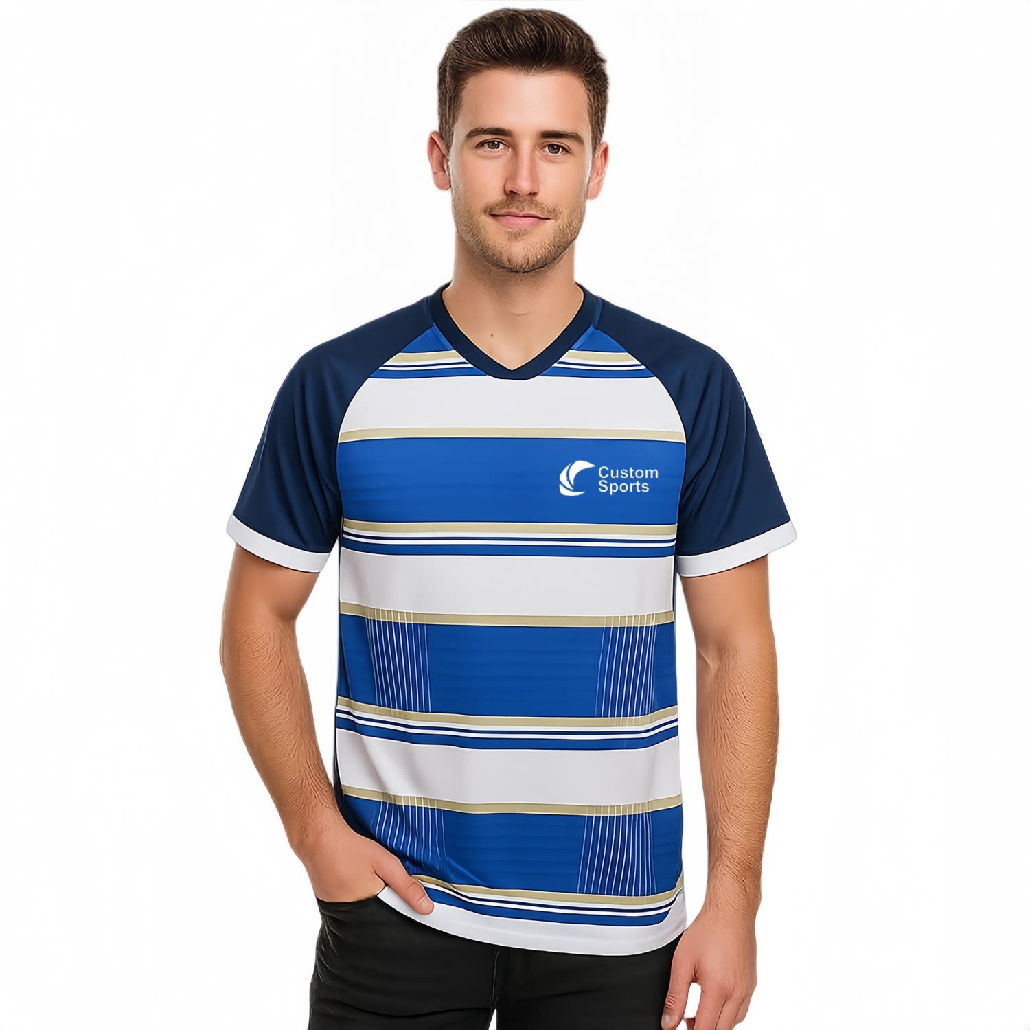 A man wearing a blue and white striped V-neck raglan tee shirt with a logo on the front. 100% Polyester Micro Mesh Sublimated Asymmetric Bottom Hem V-Neck Raglan Tee Shirt - Image 1