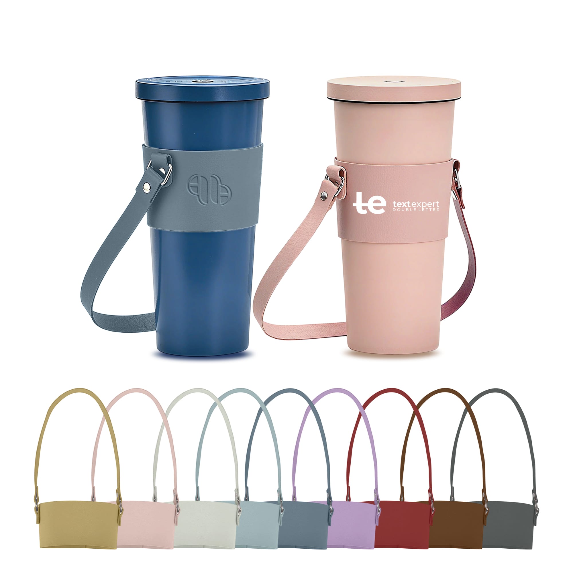 A drink bottle holder in various colours, featuring a strap and a logo, supporting two drink bottles. Leather Water Bottle Holder - Image 1