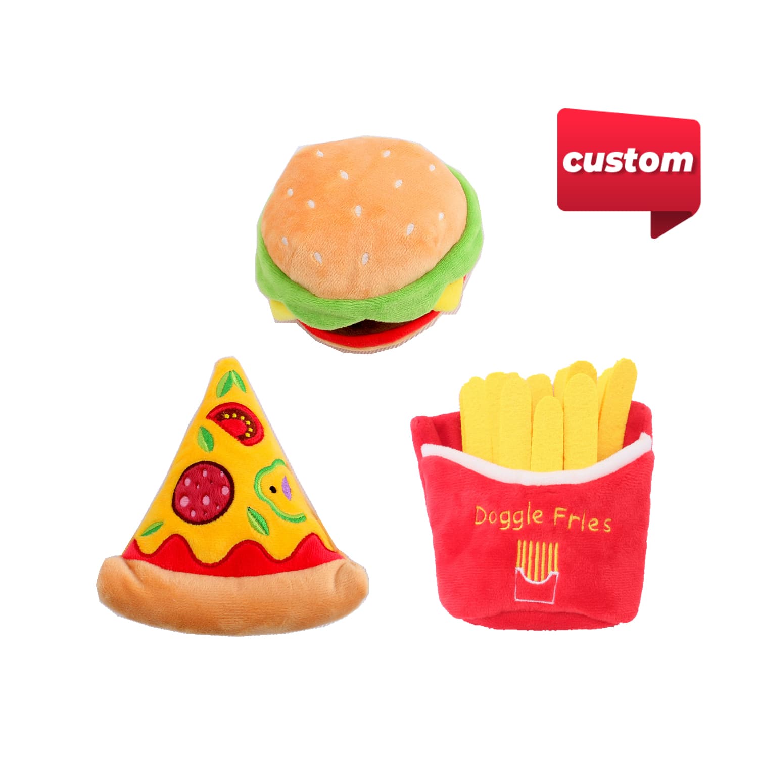 Three brightly coloured squeaky pet toys shaped like a hamburger, pizza slice, and fries in a red container. Custom Squeaky Food Shape Pet Toys - Image 1