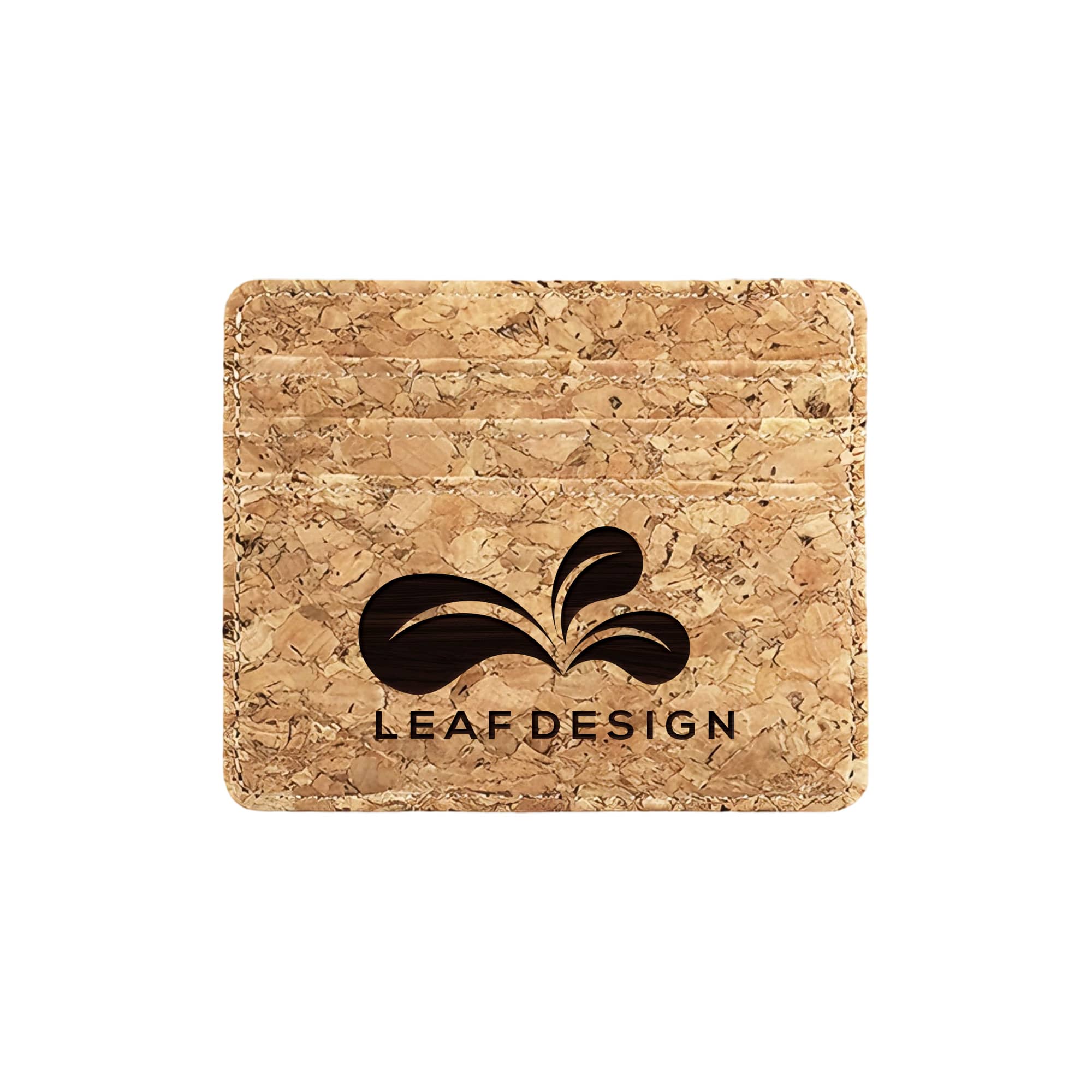 A cork card holder featuring multiple slots and a logo, showcasing a natural cork texture. Cork Card Holder - Image 1