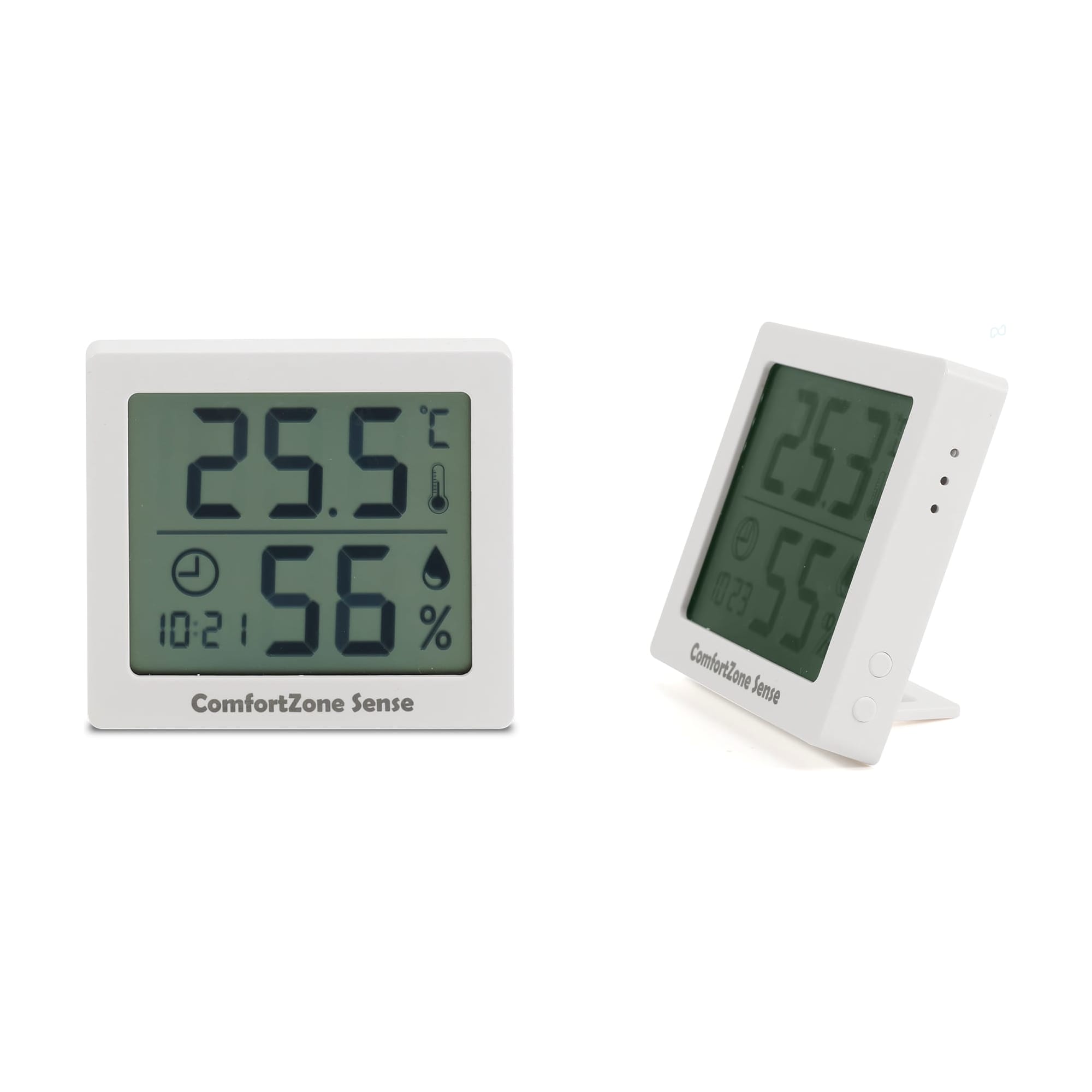 A white digital thermometer displaying temperature and humidity readings, with a stand for easy placement. Digital Temperature Humidity Thermometer - Image 1