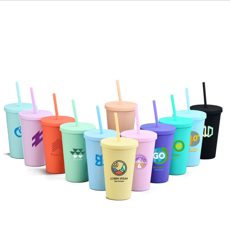 A collection of 16oz matte plastic cups in various pastel colours with lids and straws, featuring different logos. 16oz Matte Plastic Cups with Lids & Straws - Image 1