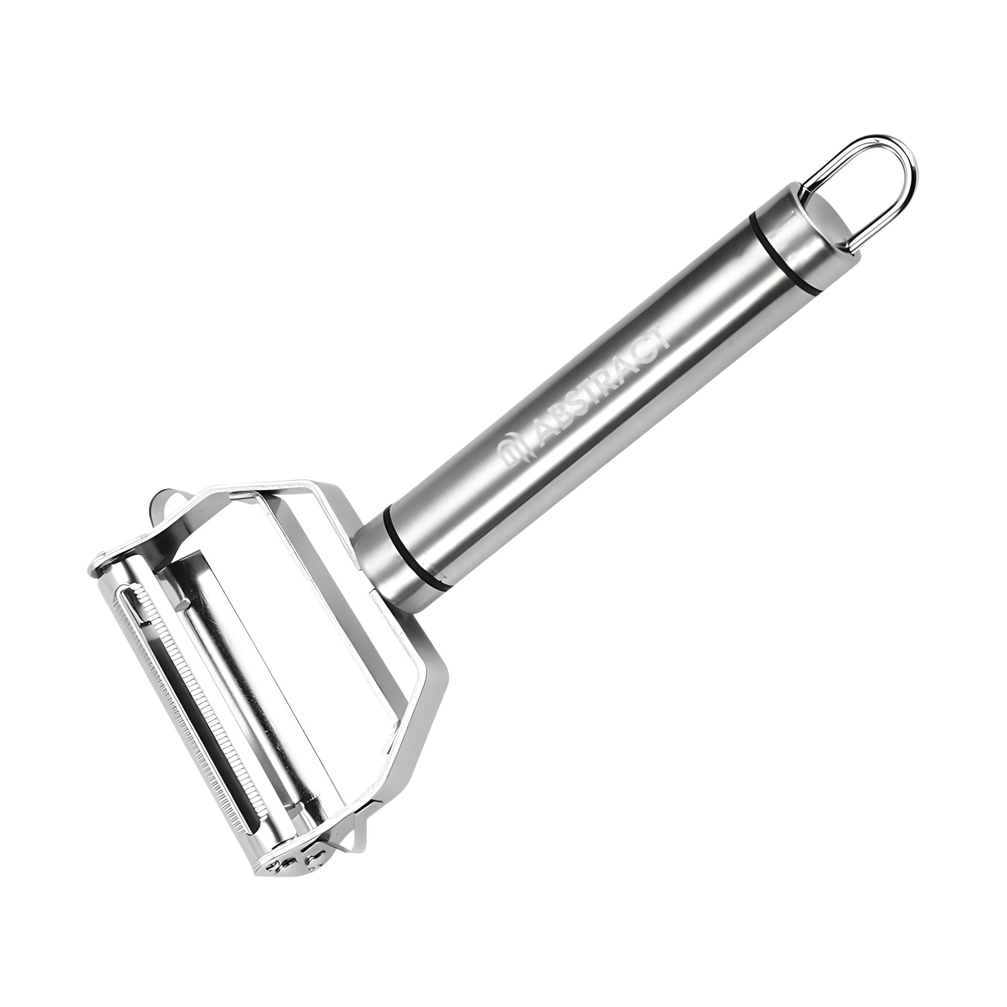 A stainless steel vegetable peeler with a sturdy handle and a loop for hanging. 2 In 1 Stainless Steel Vegetable Peeler - Image 1