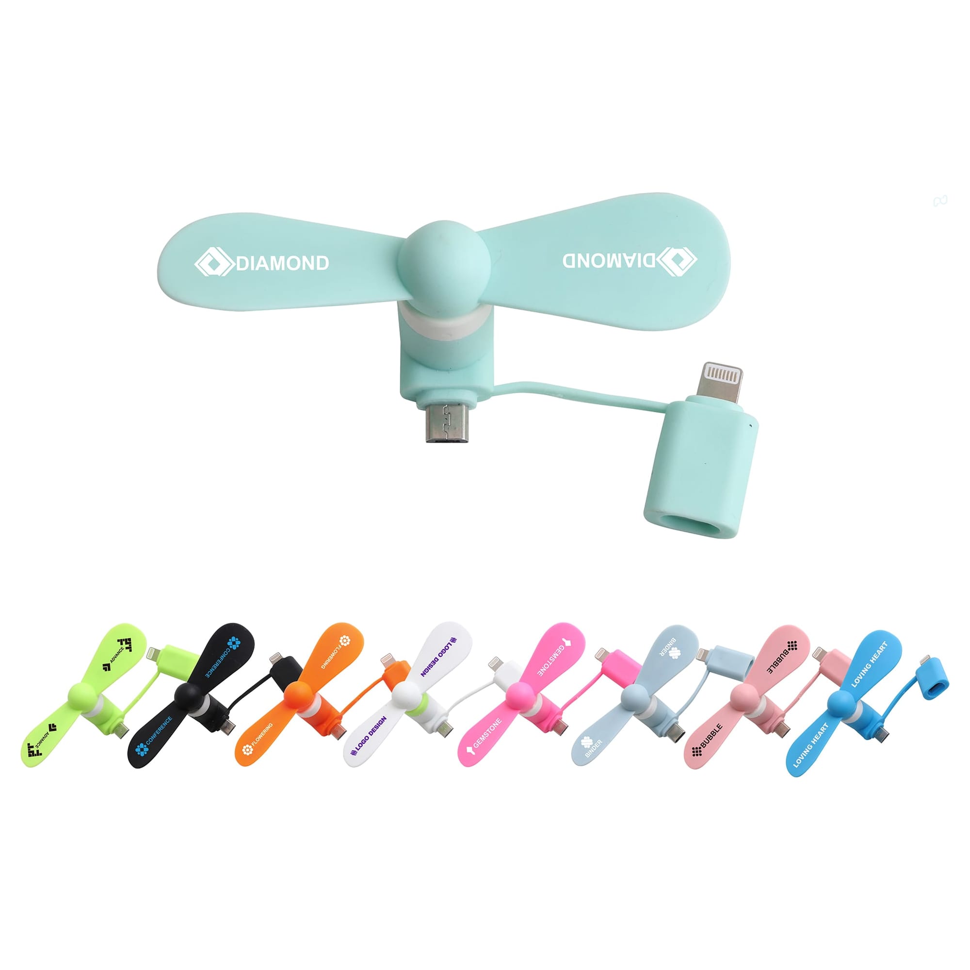 A teal 2 in 1 smartphone fan is displayed alongside fans in various colours, including pink, black, and neon shades. 2 in 1 Smart Phone Fan - Image 1