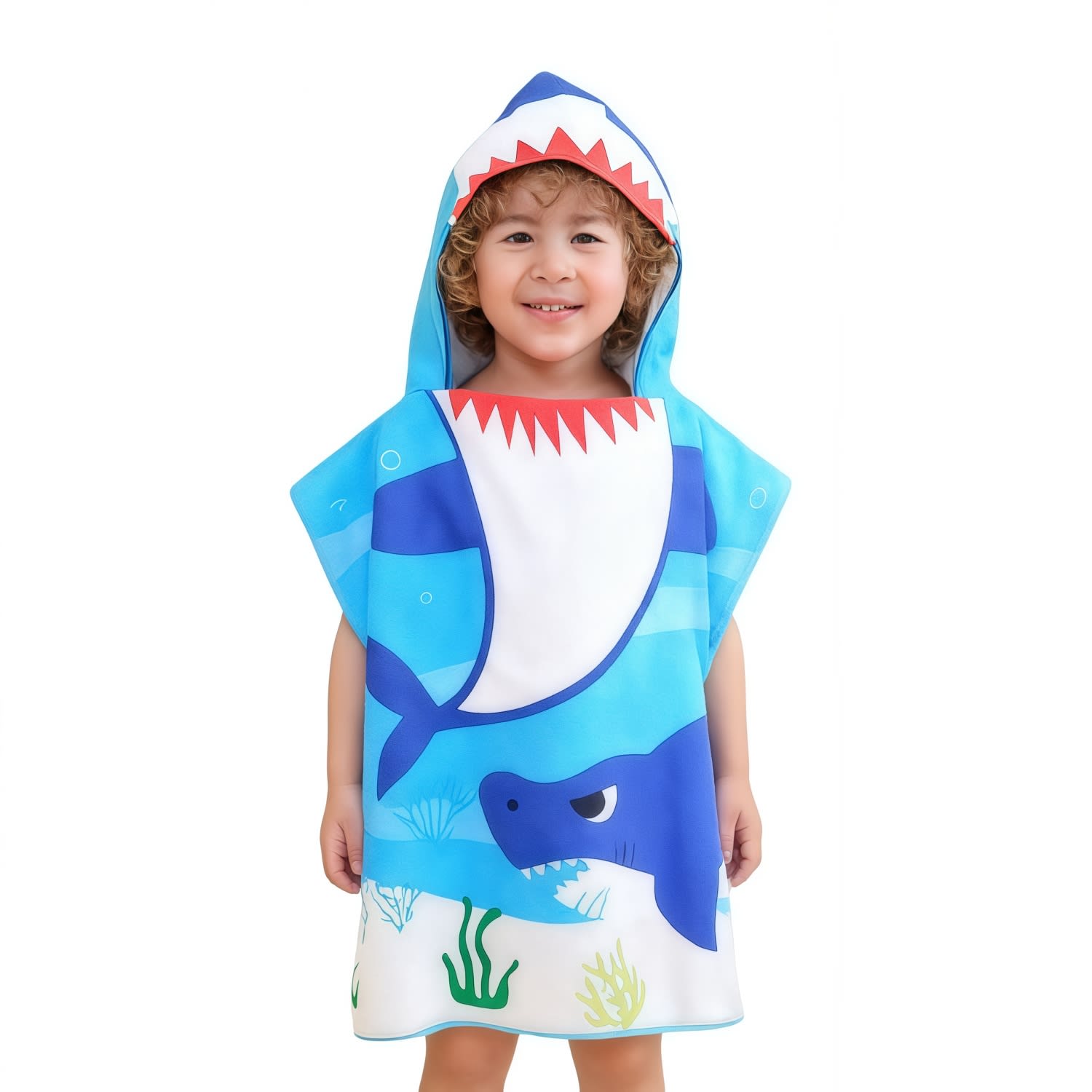 A hooded change towel featuring a blue shark design with red and white accents. It has a fun ocean theme. 100% Double-Sided Fleece Sublimation Kids Hooded Change Towel - Image 1