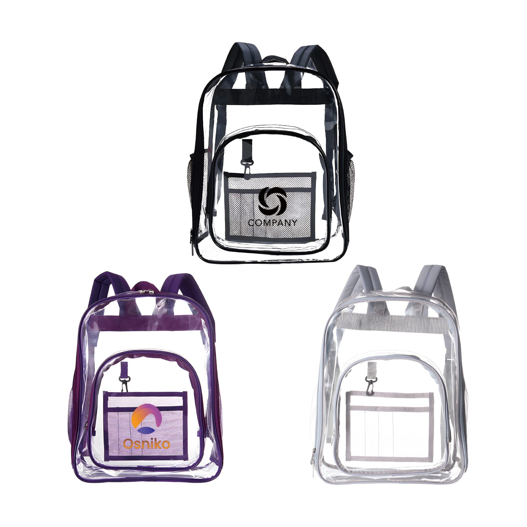 A heavy-duty transparent backpack in black, purple, and clear with front pockets and visible logos. Heavy Duty Transparent Backpack - Image 1