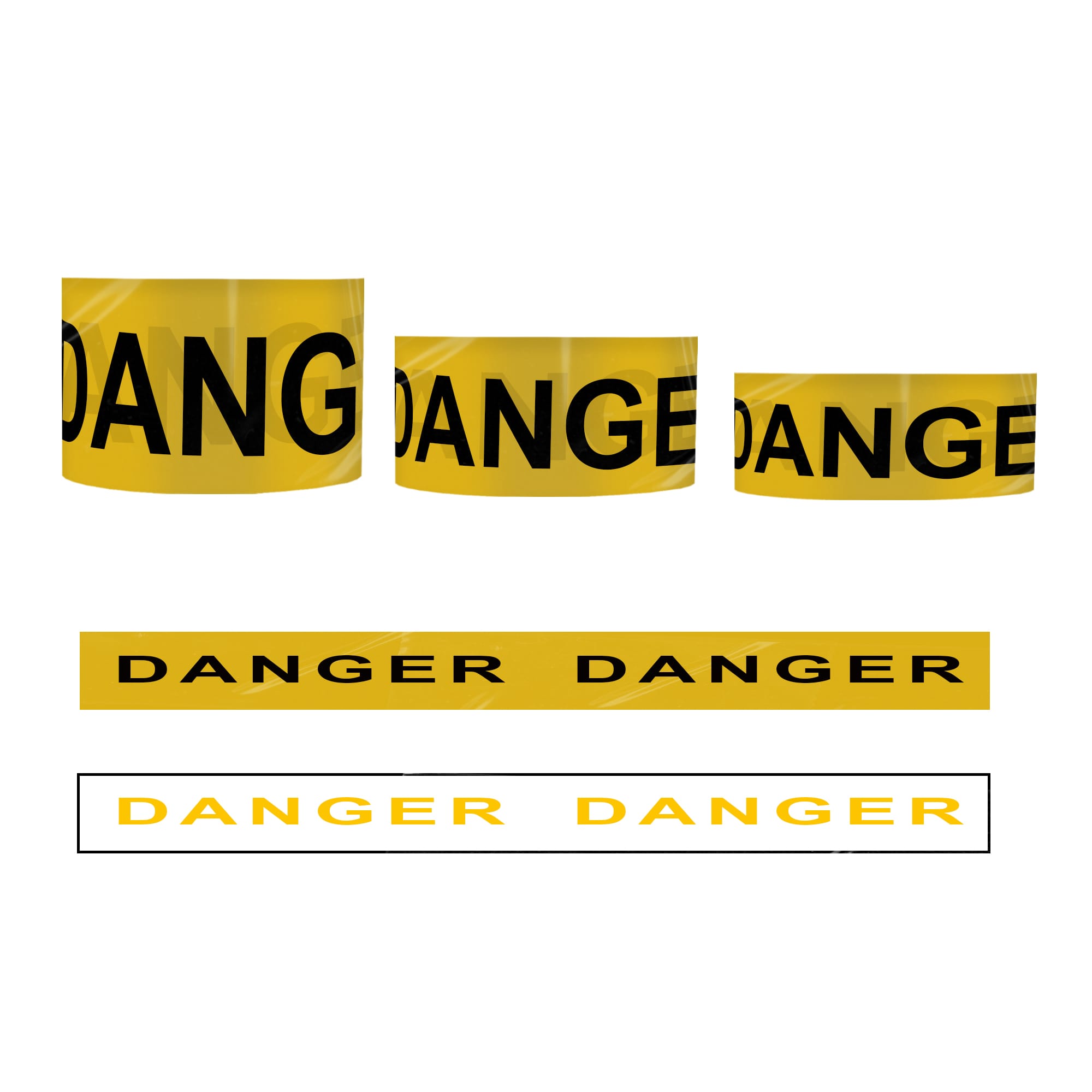 Bright yellow barrier tape featuring black text that reads "DANGER". The tape is displayed in various lengths and widths. PE Barrier Tape - Image 1