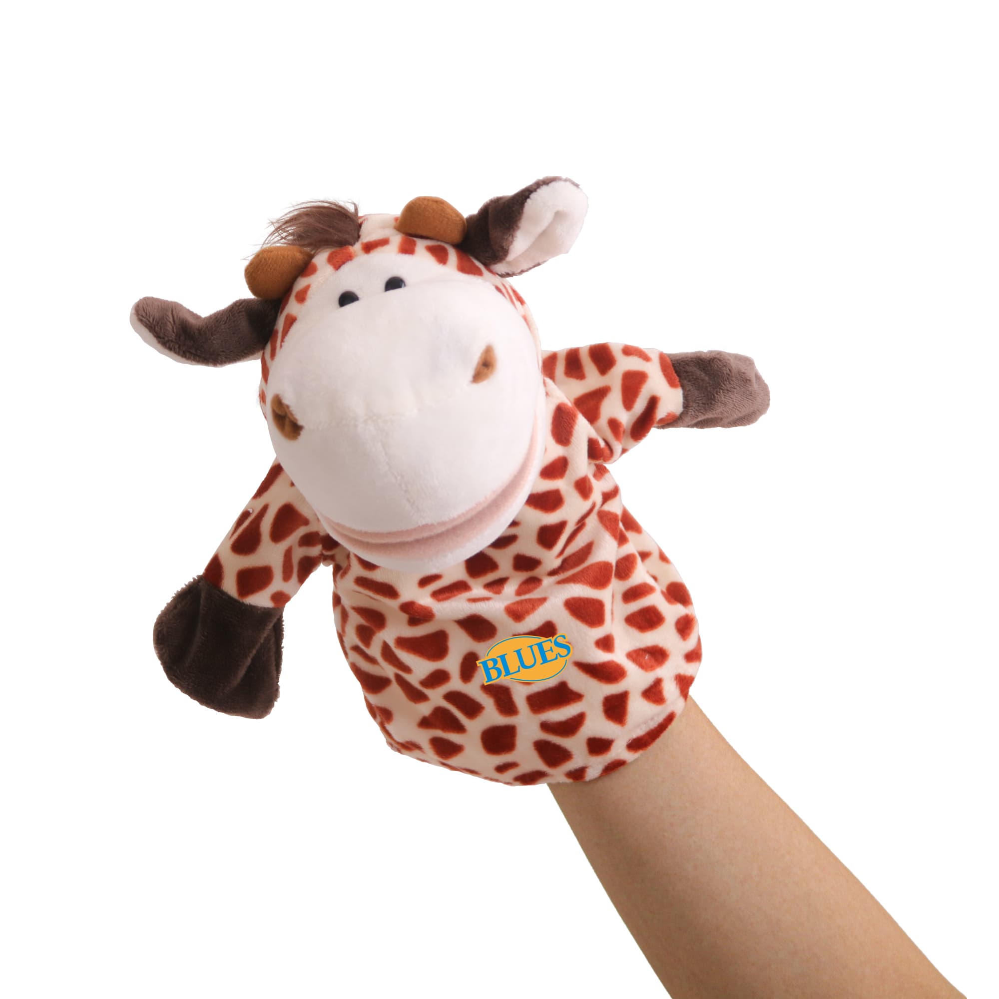 A plush giraffe hand puppet with a spotted pattern, featuring a smiling face and soft brown accents. Giraffe Hand Puppet - Image 1