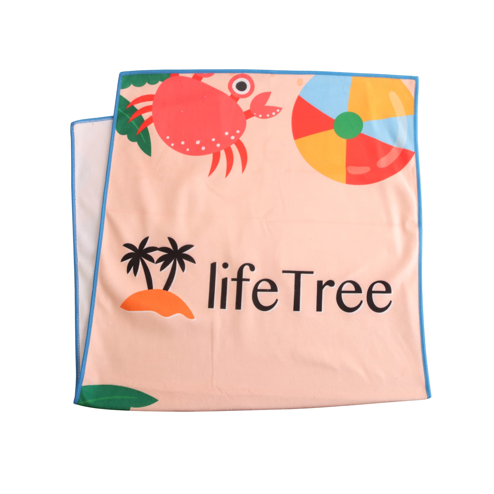 A microfibre beach towel in peach colour featuring a crab, beach ball, and palm trees, with branding present. Microfibre Colour Beach Towel (100x180cm) - Image 1