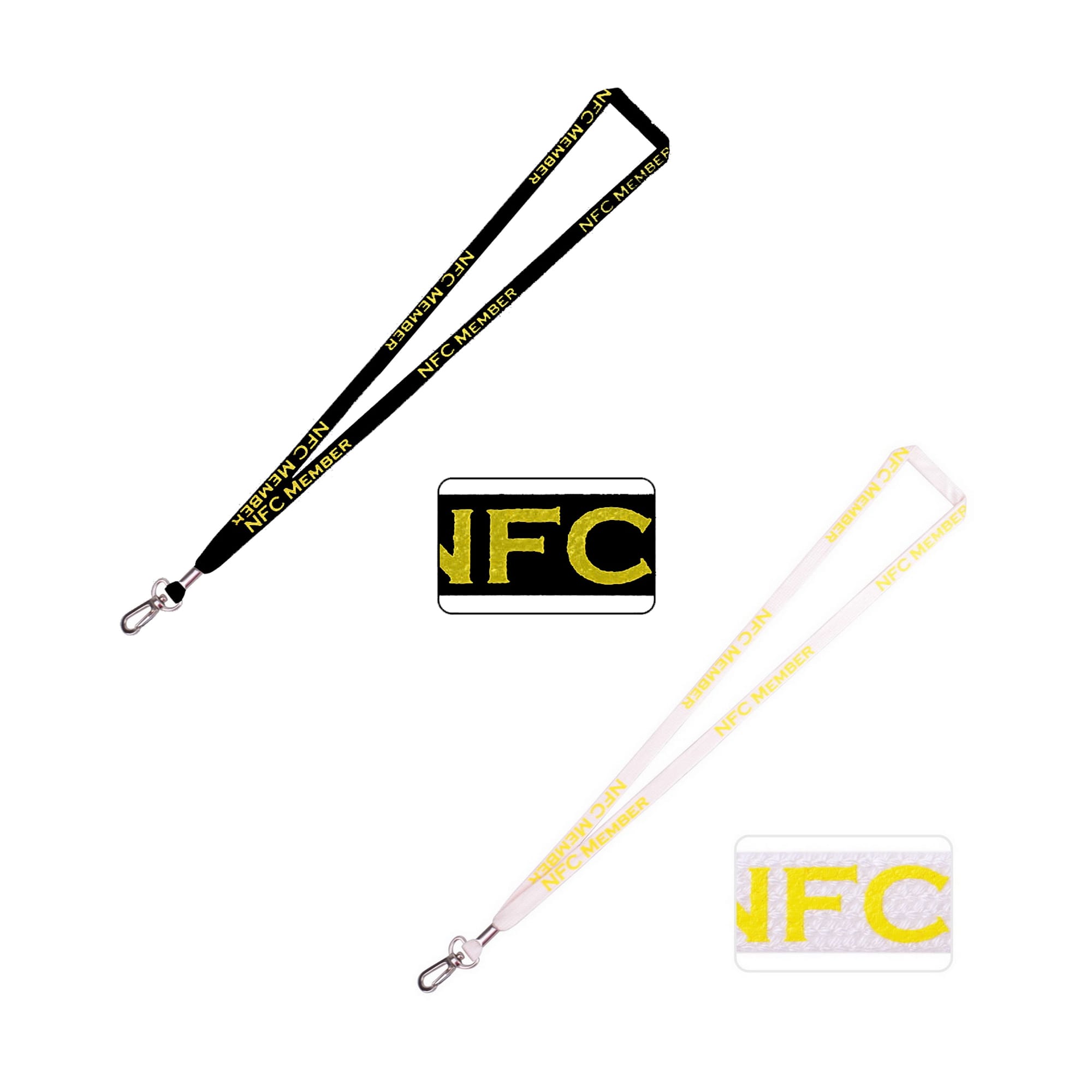 A black and white lanyard with a logo, featuring a sturdy clasp and bold yellow lettering. Bamboo Bootlace Lanyard - Image 1
