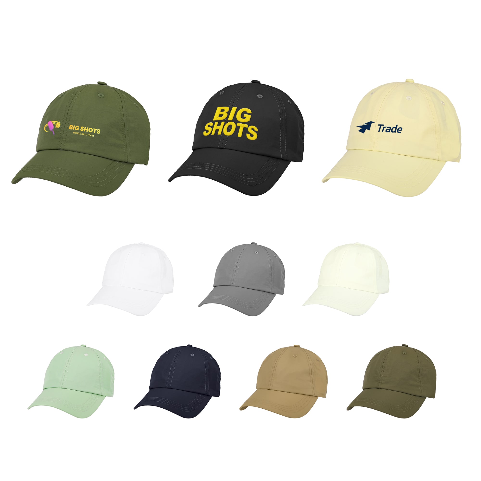 A collection of six-panel lightweight caps in various colours, featuring different logos and designs. 6 Panel Lightweight Cap - Image 1