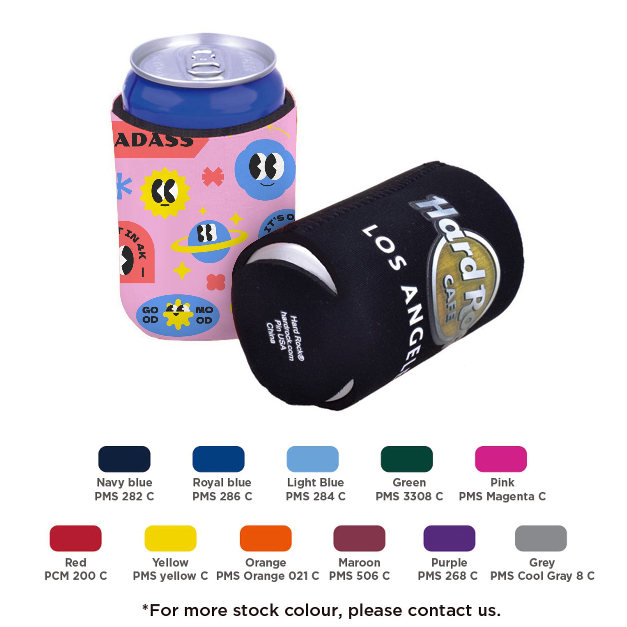 A drink bottle holder in pink with various colourful designs, and a black holder with a logo. Foldable Stubby Holder - Image 1