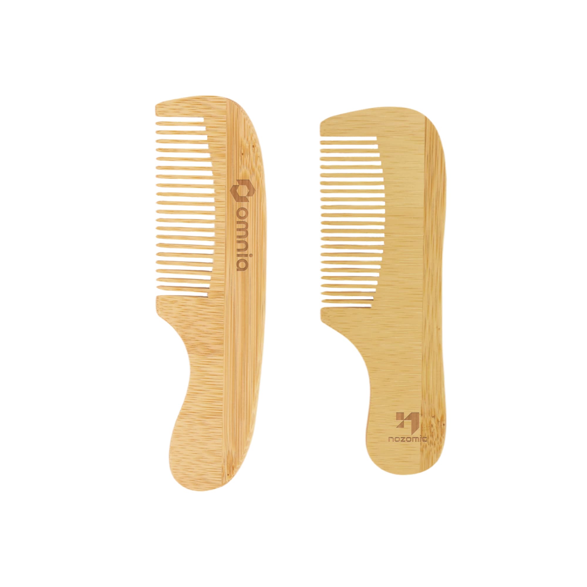 A natural small bamboo comb with handle, featuring two sides with varying tooth widths. The colours are light brown and beige. Natural Small Bamboo Comb With Handle - Image 1
