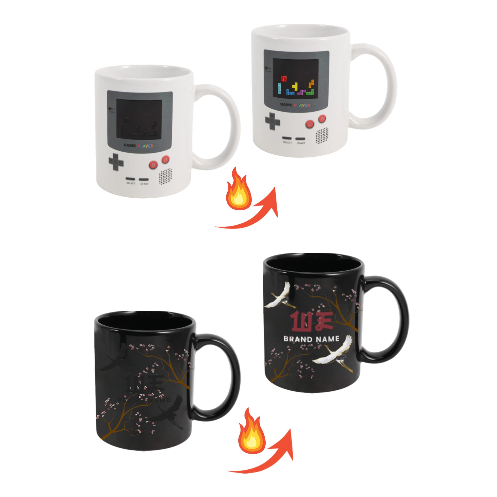 A heat sensitive colour changing mug, featuring a white Game Console design and a black floral design that reveals colours when heated. Heat Sensitive Colour Changing Mug - Image 1