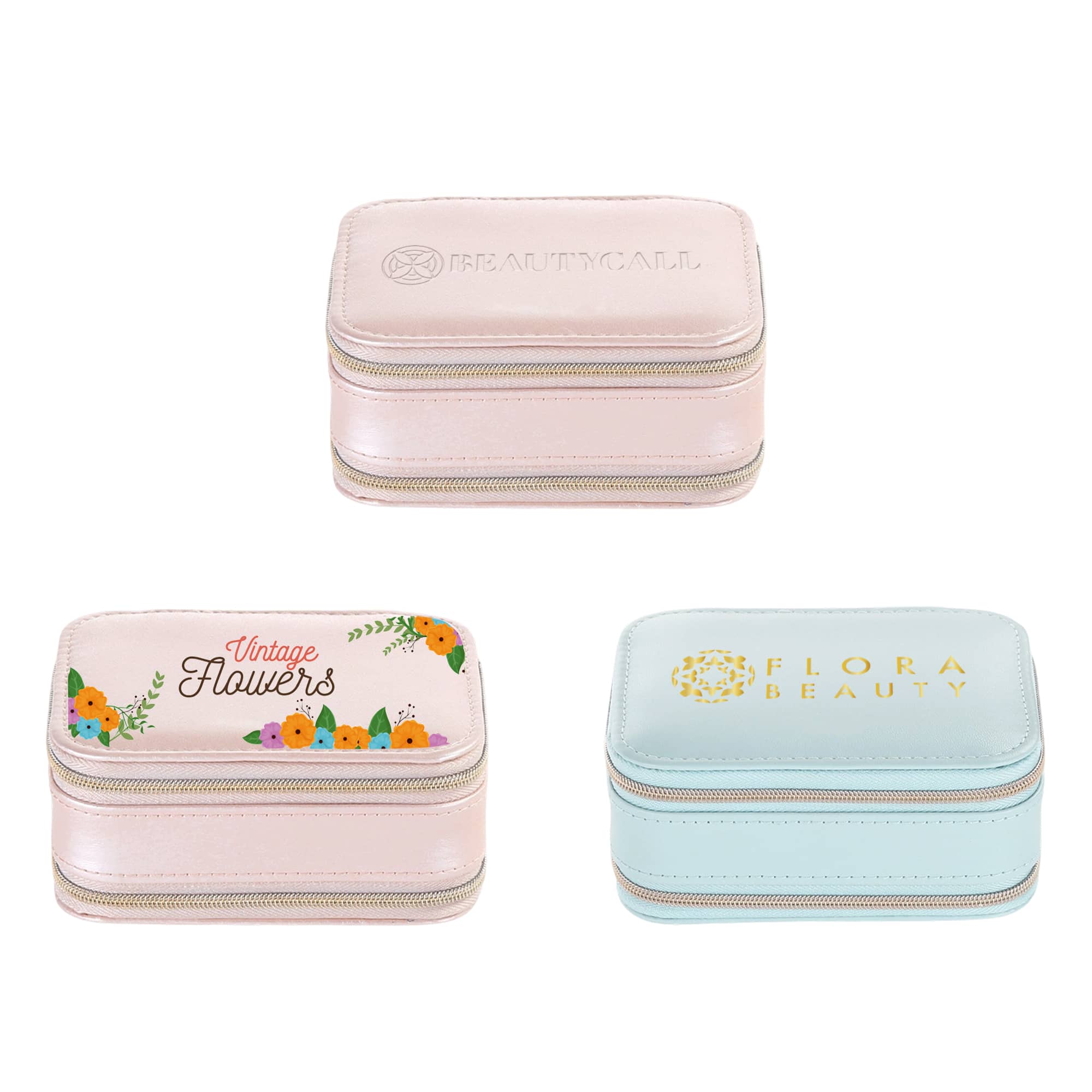 A set of three PU leather jewellery cases in pastel pink and blue, featuring floral designs and zip closures. Fashion PU Leather Jewellery Case with Mirror - Image 1