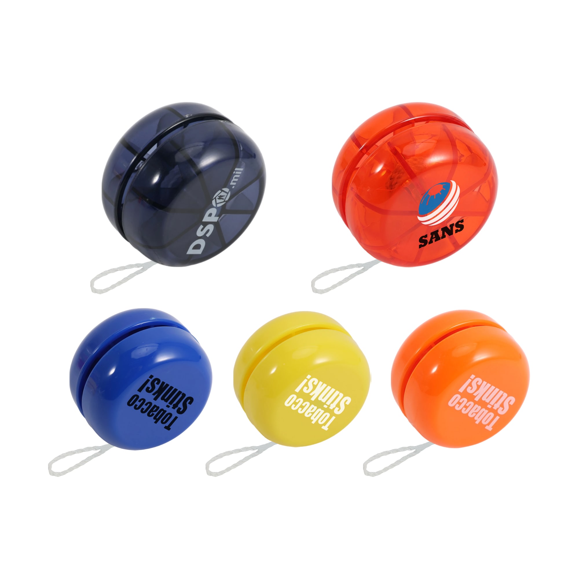 A collection of classic yoyos in blue, orange, yellow, and black, featuring branding on some of the yoyos. Classic Yoyo - Image 1