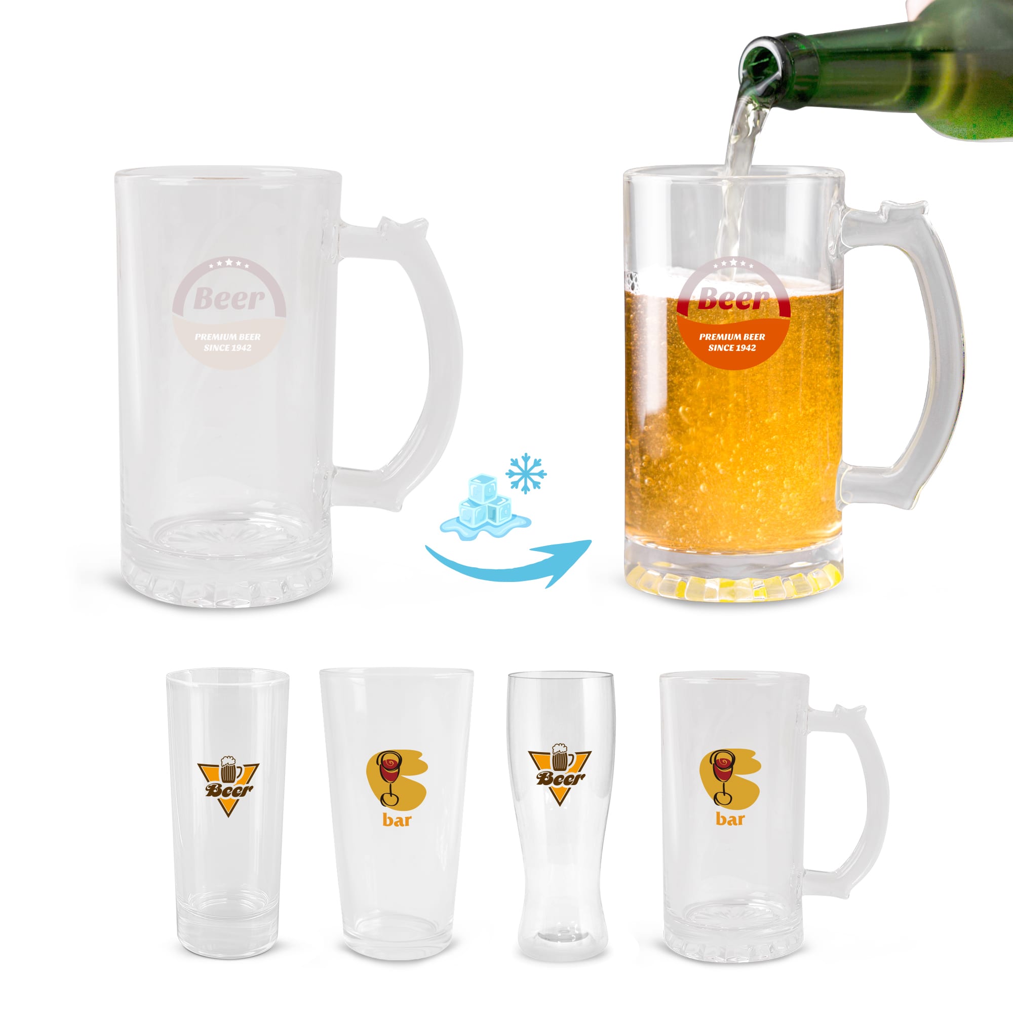 A drink glass set featuring colour-changing mugs, showcasing clear and frosted designs with a logo. Colour Changing Glass - Image 1