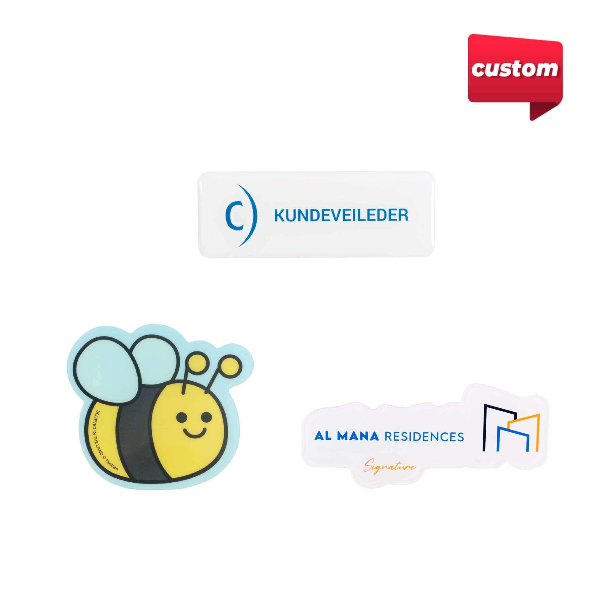 Custom acrylic name badges in various shapes, featuring a bee design and a logo, predominantly in white and colour. Custom Acrylic Name Badge - Image 1