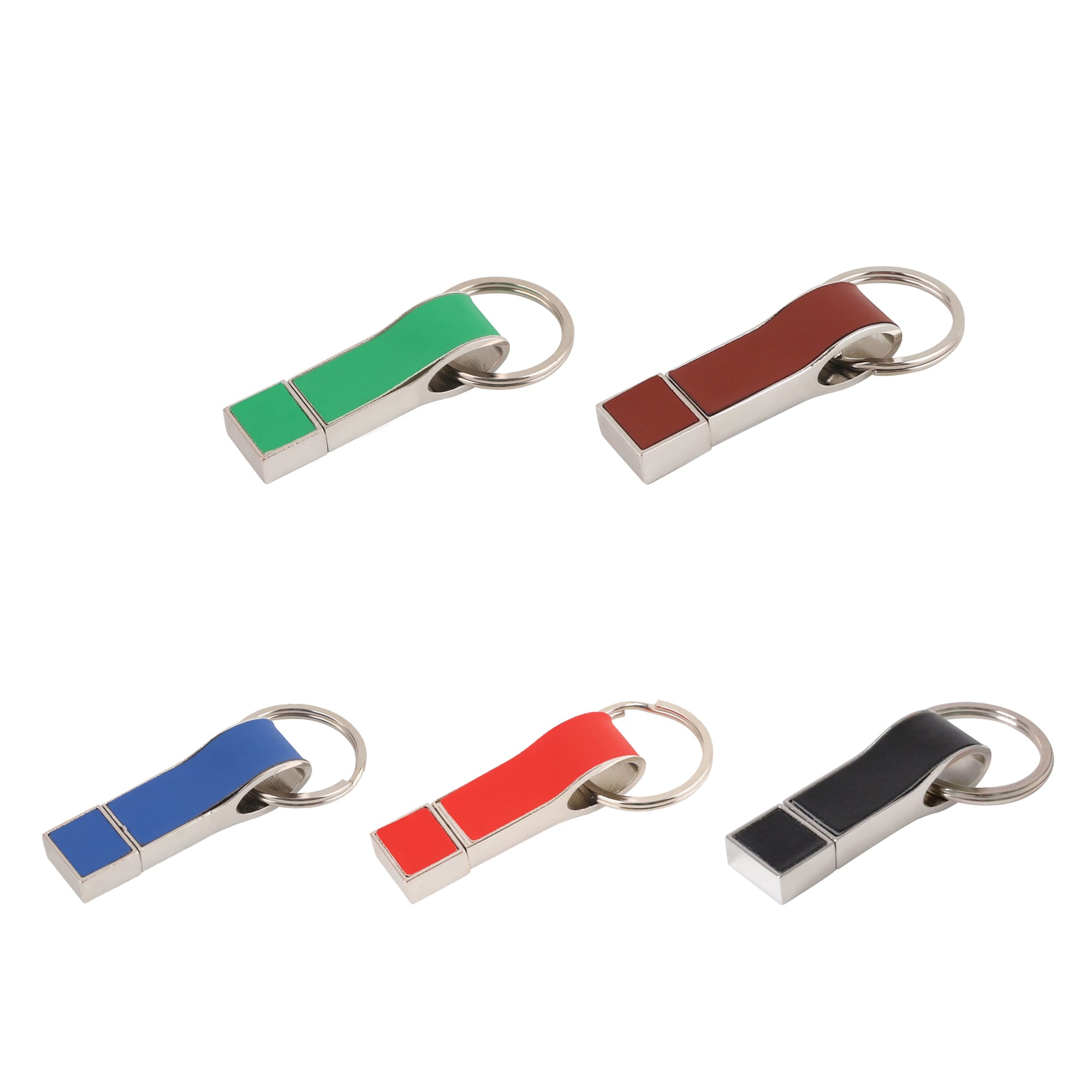 A set of five Draco Flash Drives in green, brown, blue, red, and black, featuring a keyring attachment. Draco Flash Drive - Image 1