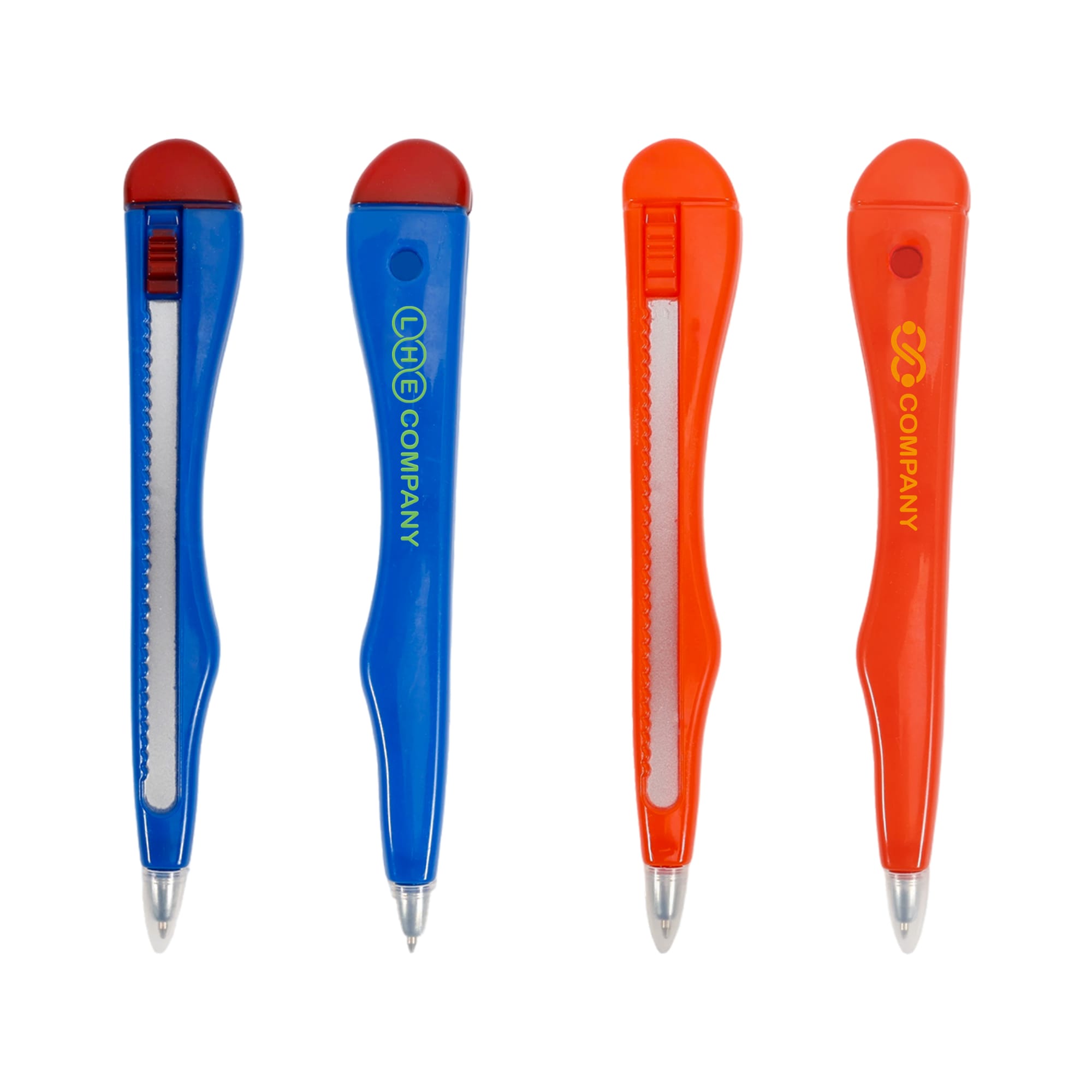 A knife-shaped ballpoint pen in blue and red, featuring a clip and a branding logo on each pen. Knife Shape Ballpoint Pen - Image 1