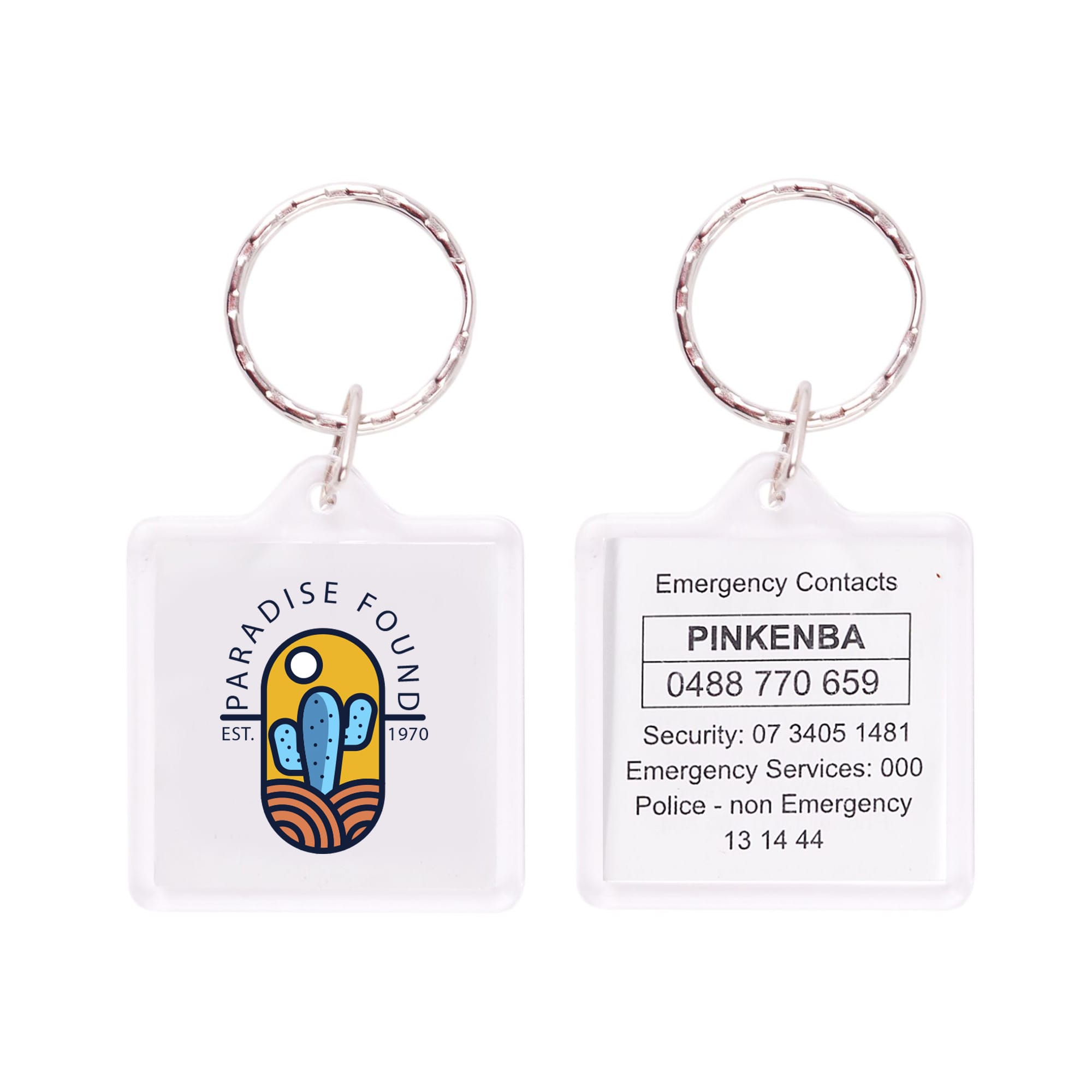 A square acrylic keyring featuring a colourful logo and emergency contact details on one side. Square Acrylic Keyring - Image 1