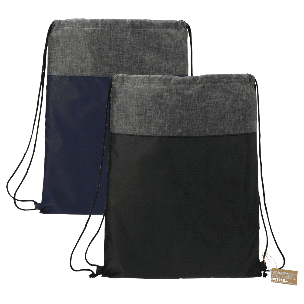 A drawstring bag featuring a grey top and black or navy body, with a logo on the side. Made from recycled materials. Ash Recycled Drawstring Bag - Image 1