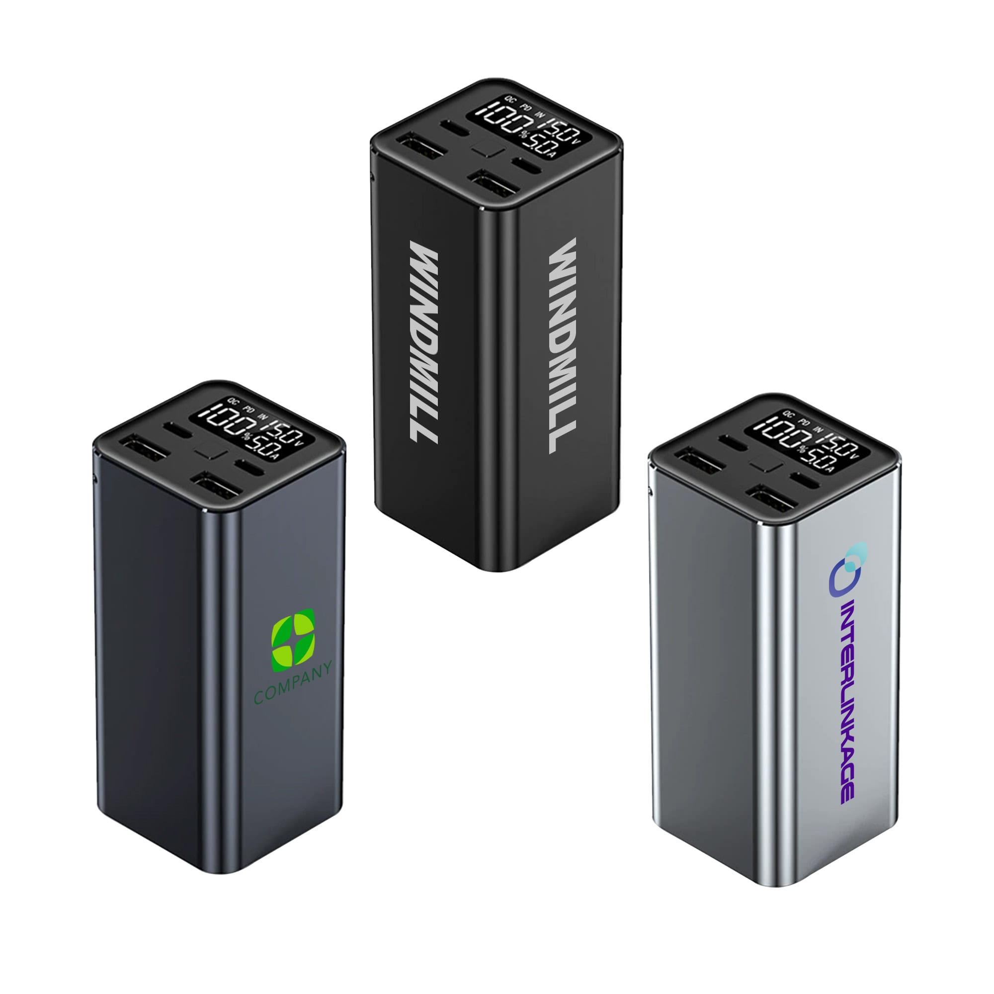A collection of three power banks in black, silver, and dark grey, featuring digital displays and various logos. 20000mAh 65W Laptop Power Bank - Image 1