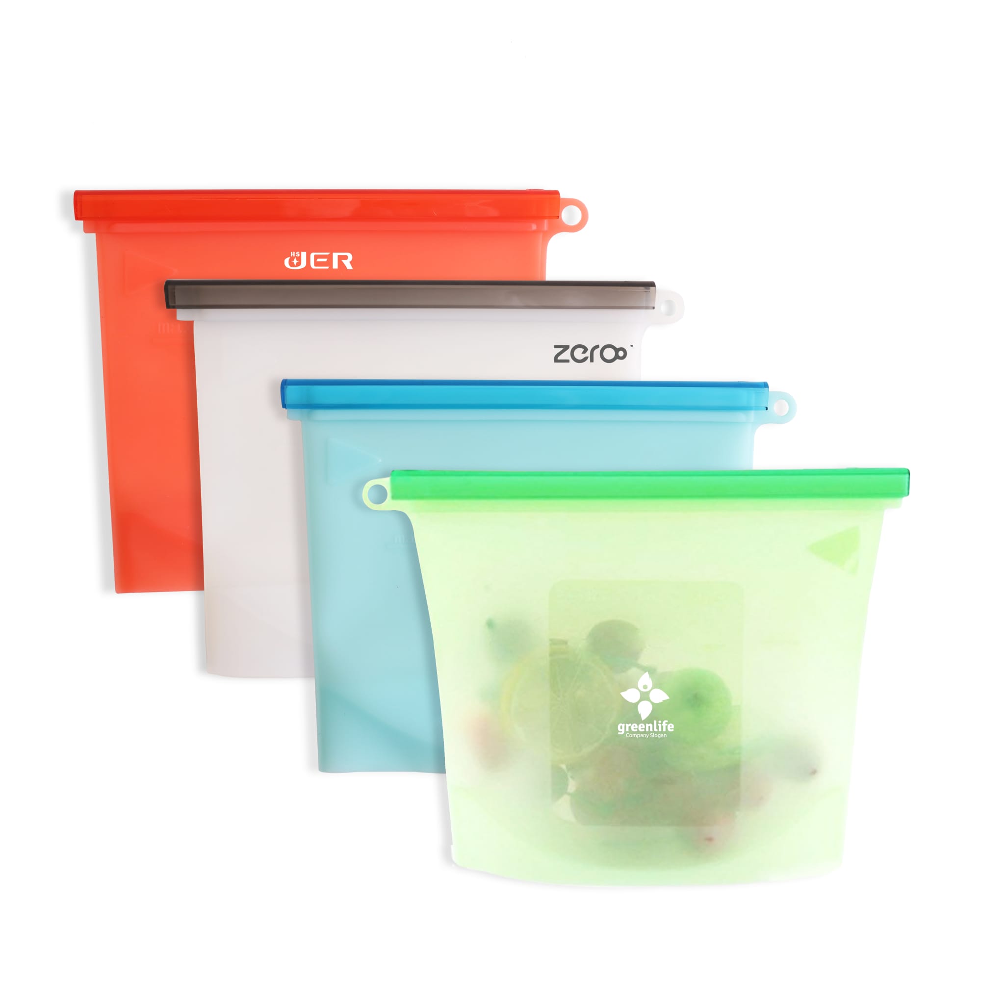 A set of four silicone reusable storage pouches in orange, white, blue, and green, with logos visible. Silicone Reusable Storage Pouch - 500ML - Image 1